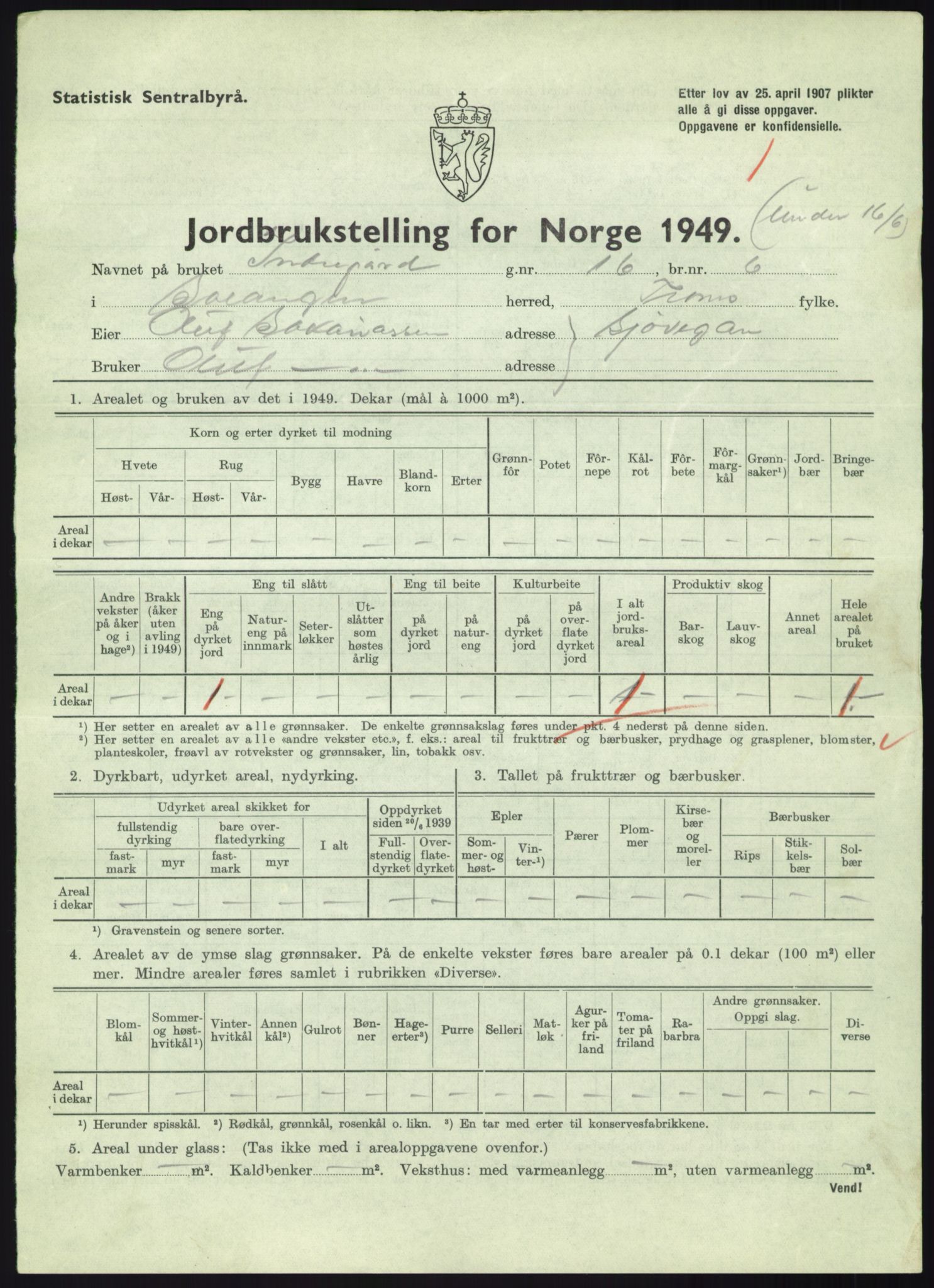 Statistisk sentralbyrå, Næringsøkonomiske emner, Jordbruk, skogbruk, jakt, fiske og fangst, AV/RA-S-2234/G/Gc/L0438: Troms: Salangen og Bardu, 1949, p. 70