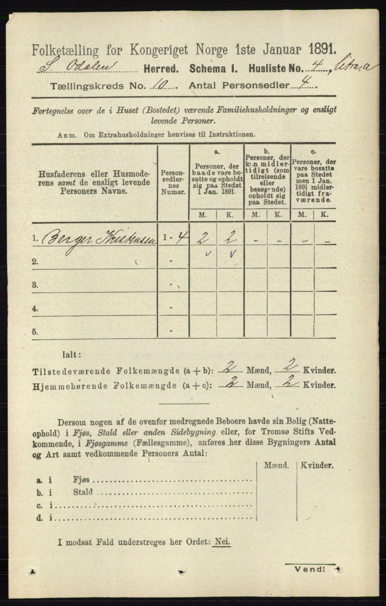 RA, 1891 census for 0419 Sør-Odal, 1891, p. 4284