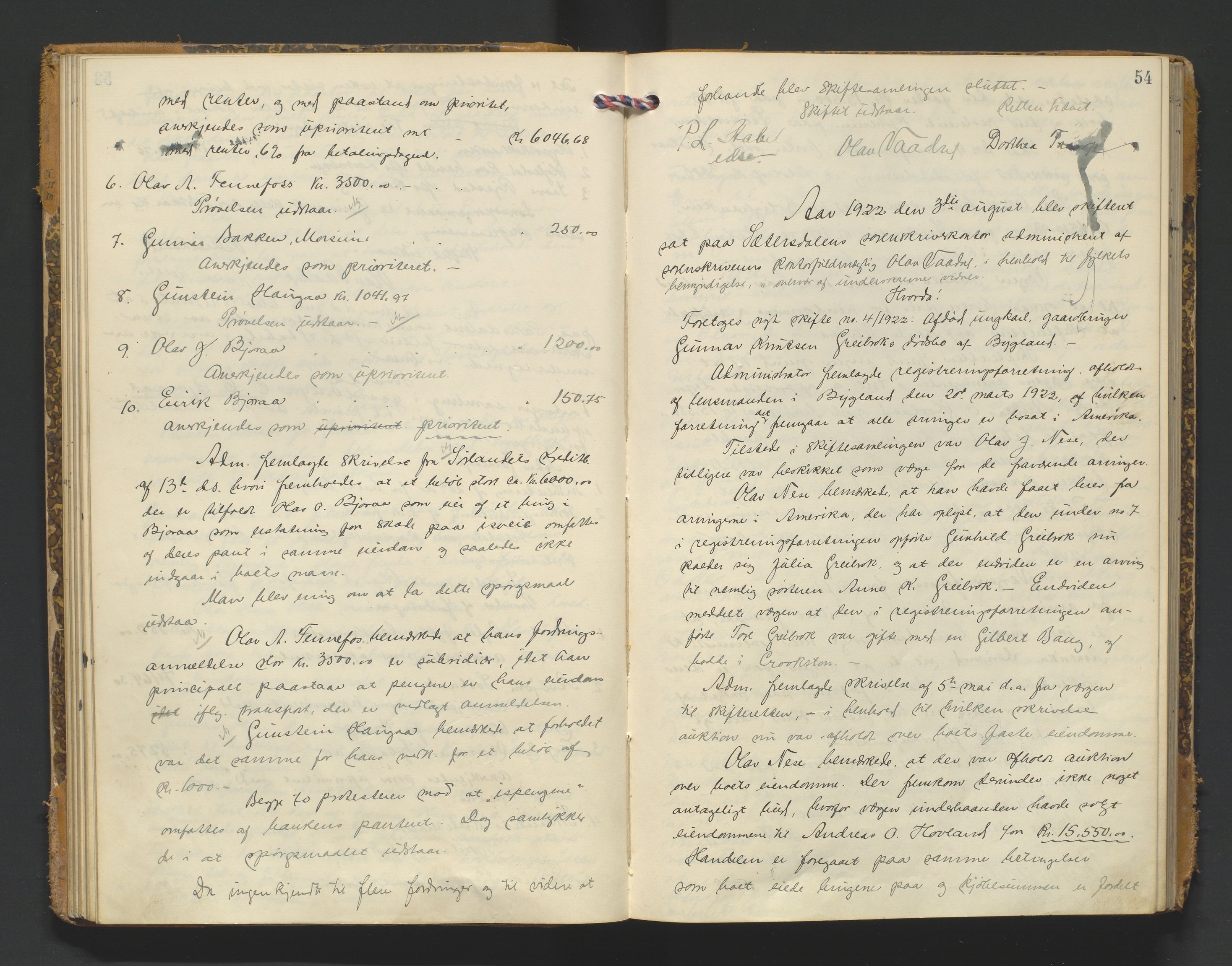 Setesdal sorenskriveri, AV/SAK-1221-0011/H/Hc/L0040: Skifteforhandlingsprotokoll nr 12, 1920-1927, p. 54