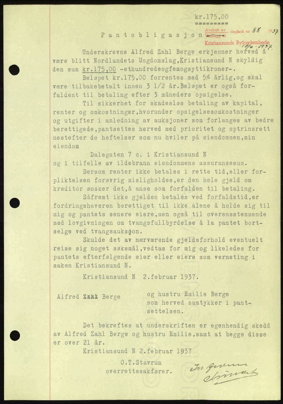 Kristiansund byfogd, AV/SAT-A-4587/A/27: Mortgage book no. 29, 1936-1937, Diary no: : 88/1937