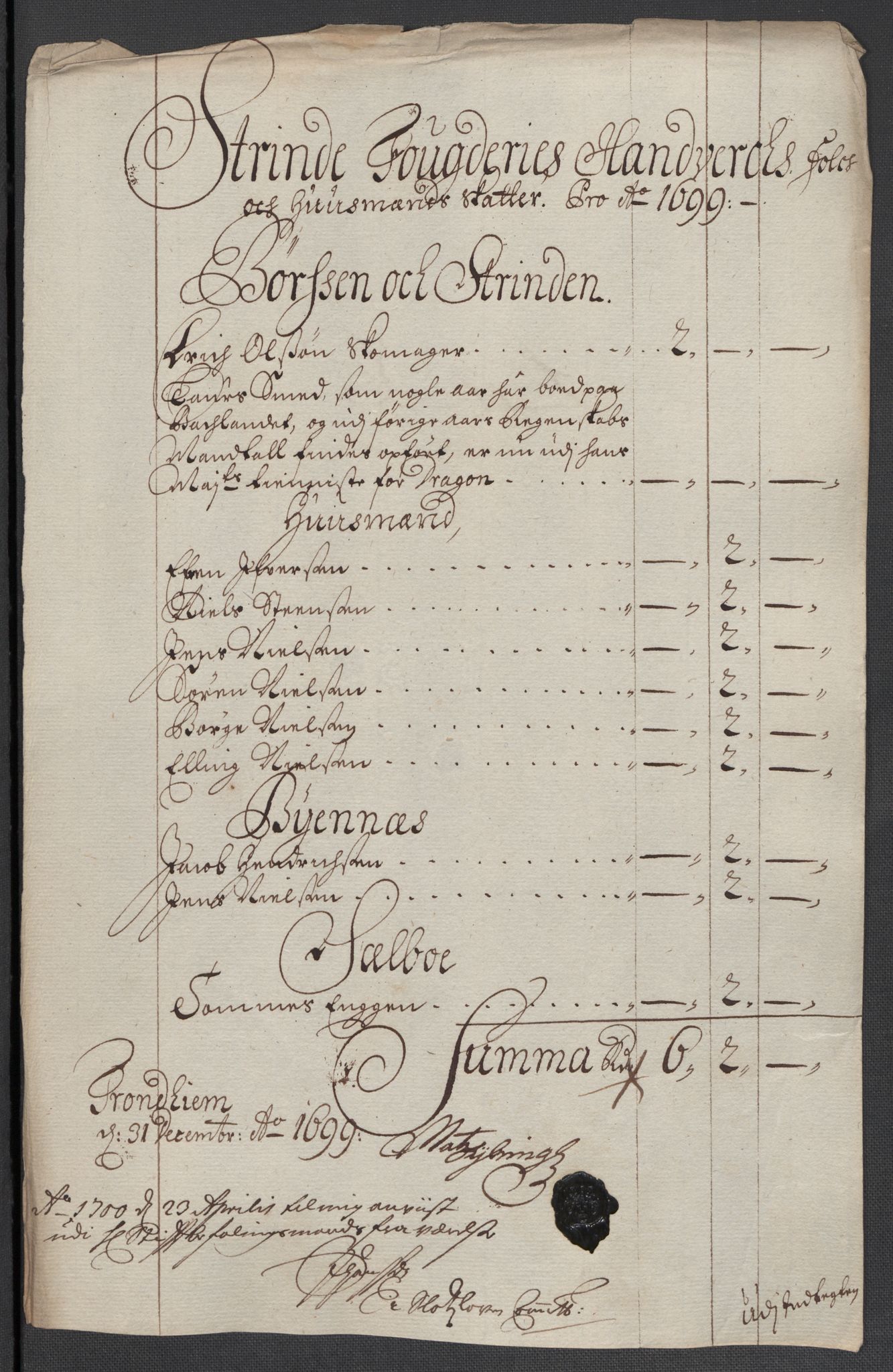 Rentekammeret inntil 1814, Reviderte regnskaper, Fogderegnskap, RA/EA-4092/R61/L4107: Fogderegnskap Strinda og Selbu, 1698-1700, p. 239