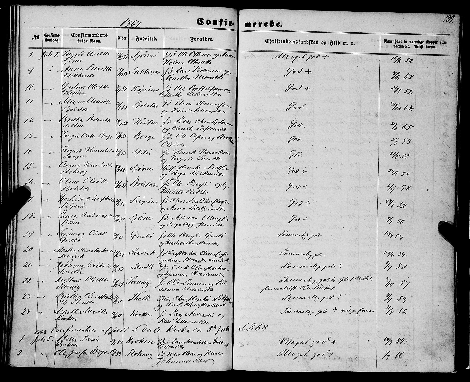 Luster sokneprestembete, SAB/A-81101/H/Haa/Haaa/L0008: Parish register (official) no. A 8, 1860-1870, p. 139
