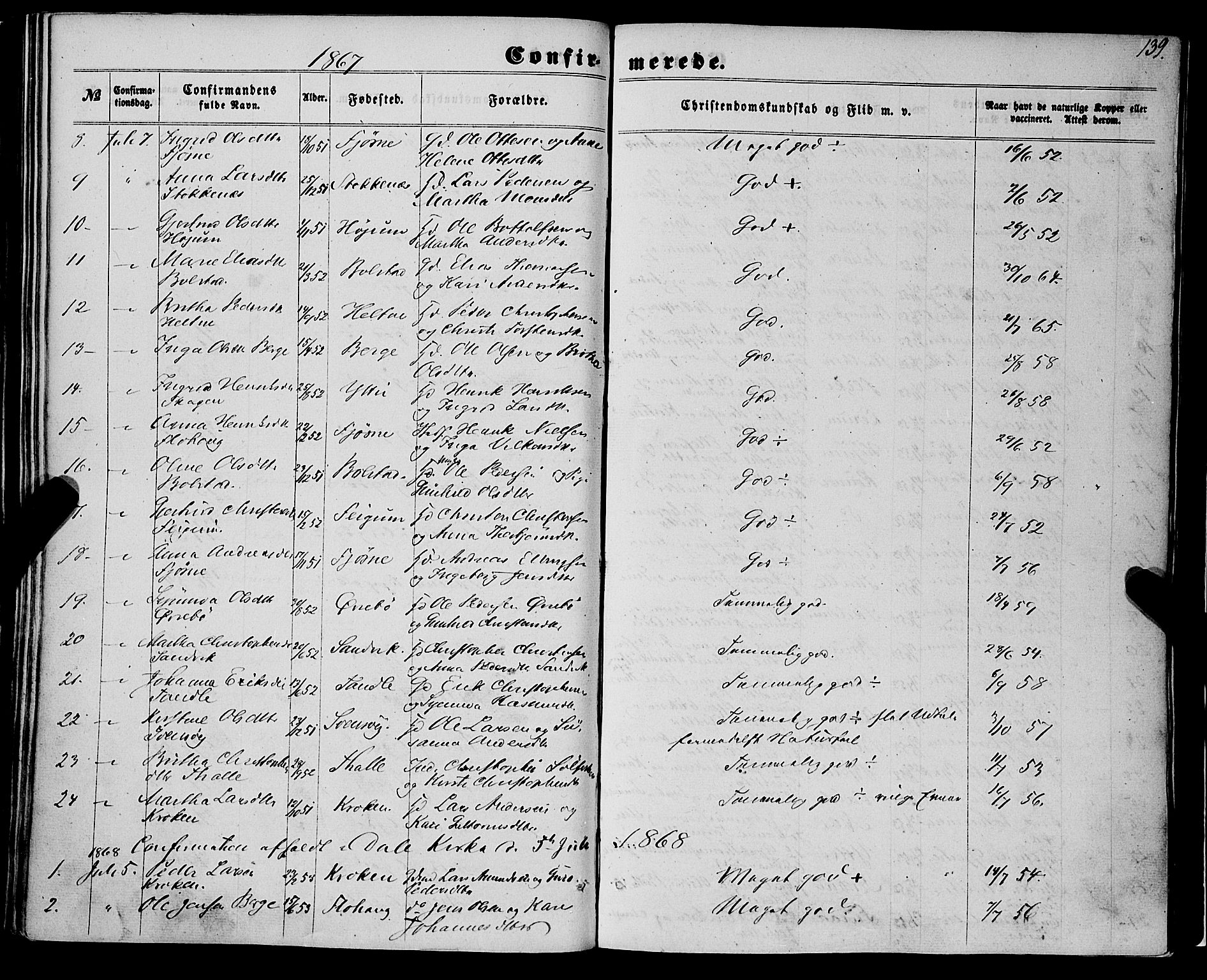 Luster sokneprestembete, AV/SAB-A-81101/H/Haa/Haaa/L0008: Parish register (official) no. A 8, 1860-1870, p. 139