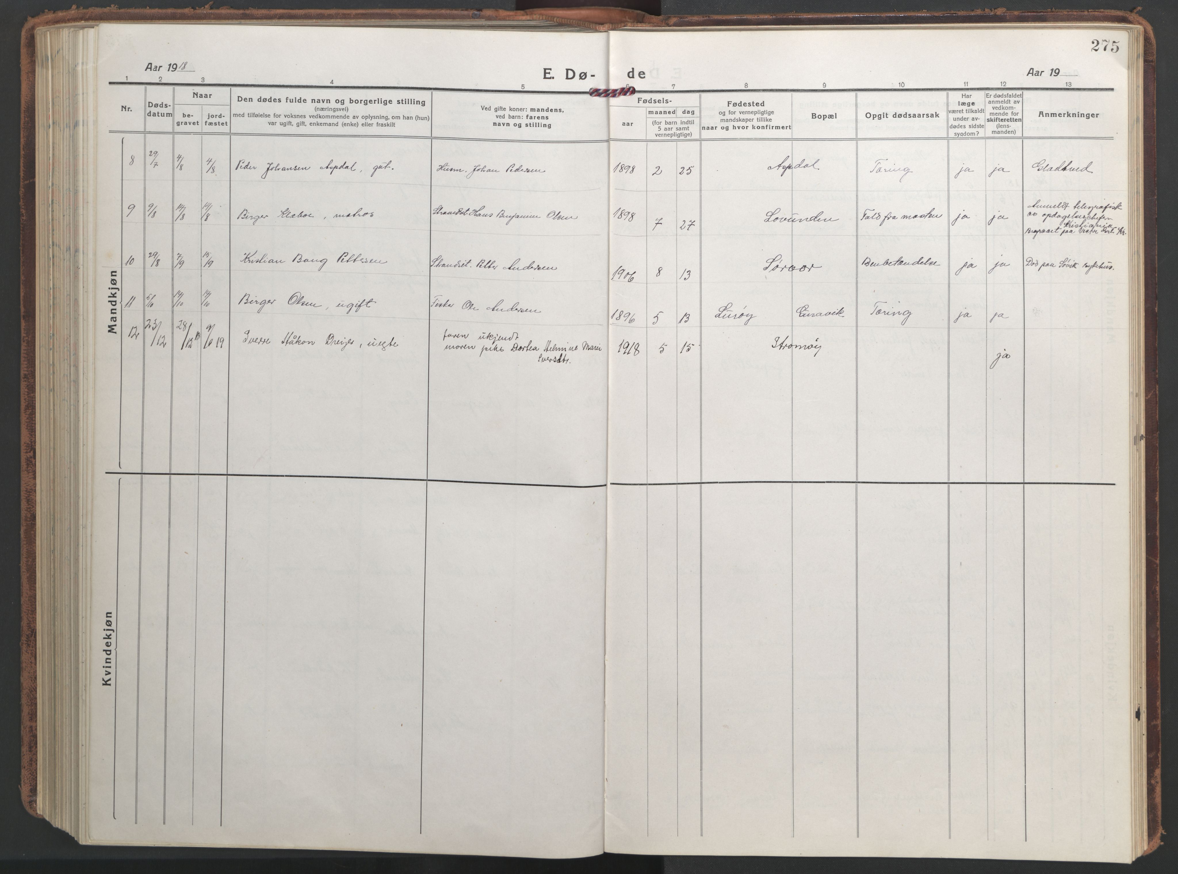 Ministerialprotokoller, klokkerbøker og fødselsregistre - Nordland, AV/SAT-A-1459/839/L0574: Parish register (copy) no. 839C04, 1918-1950, p. 275