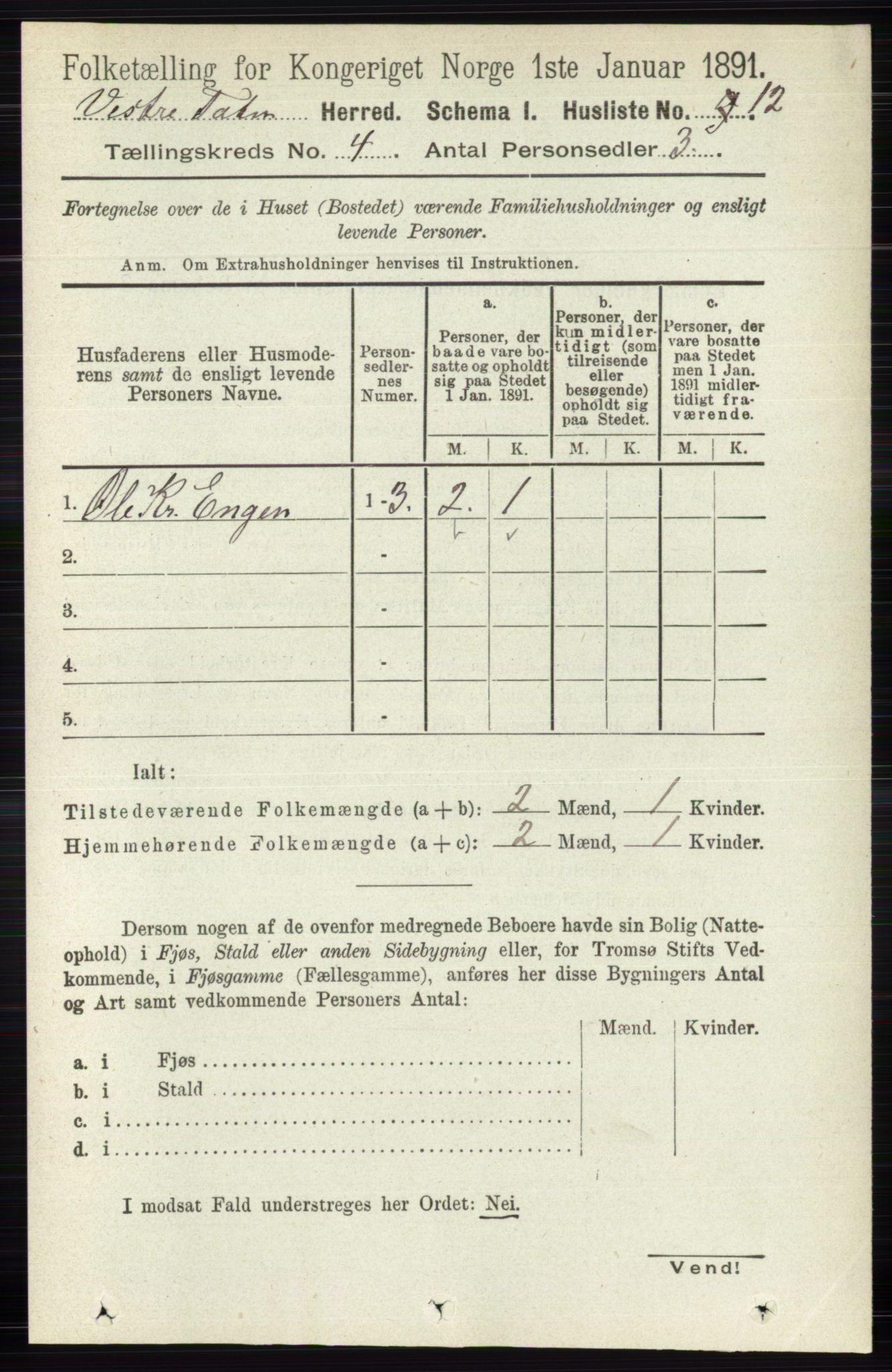 RA, 1891 census for 0529 Vestre Toten, 1891, p. 2646