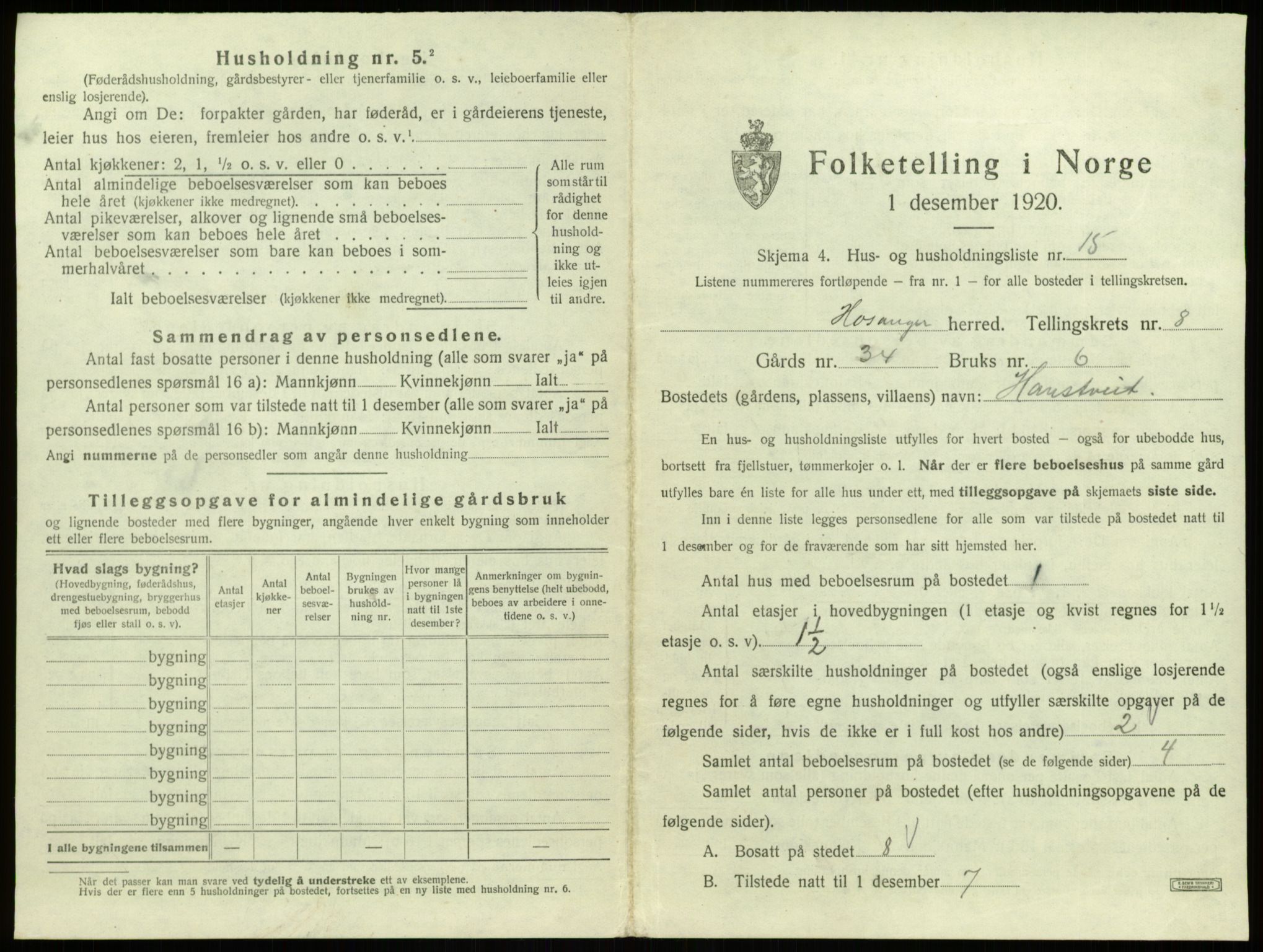 SAB, 1920 census for Hosanger, 1920, p. 454