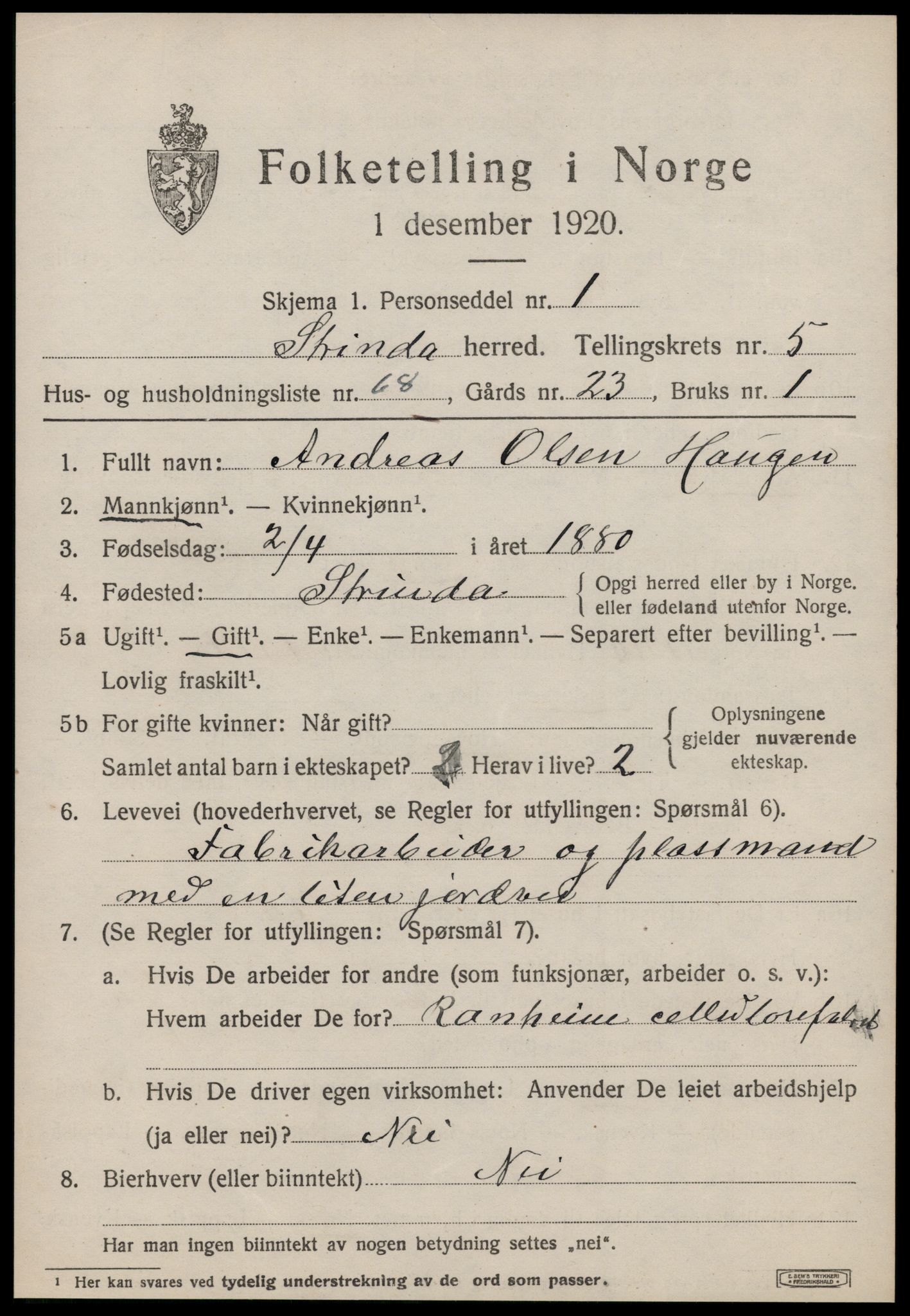 SAT, 1920 census for Strinda, 1920, p. 14440