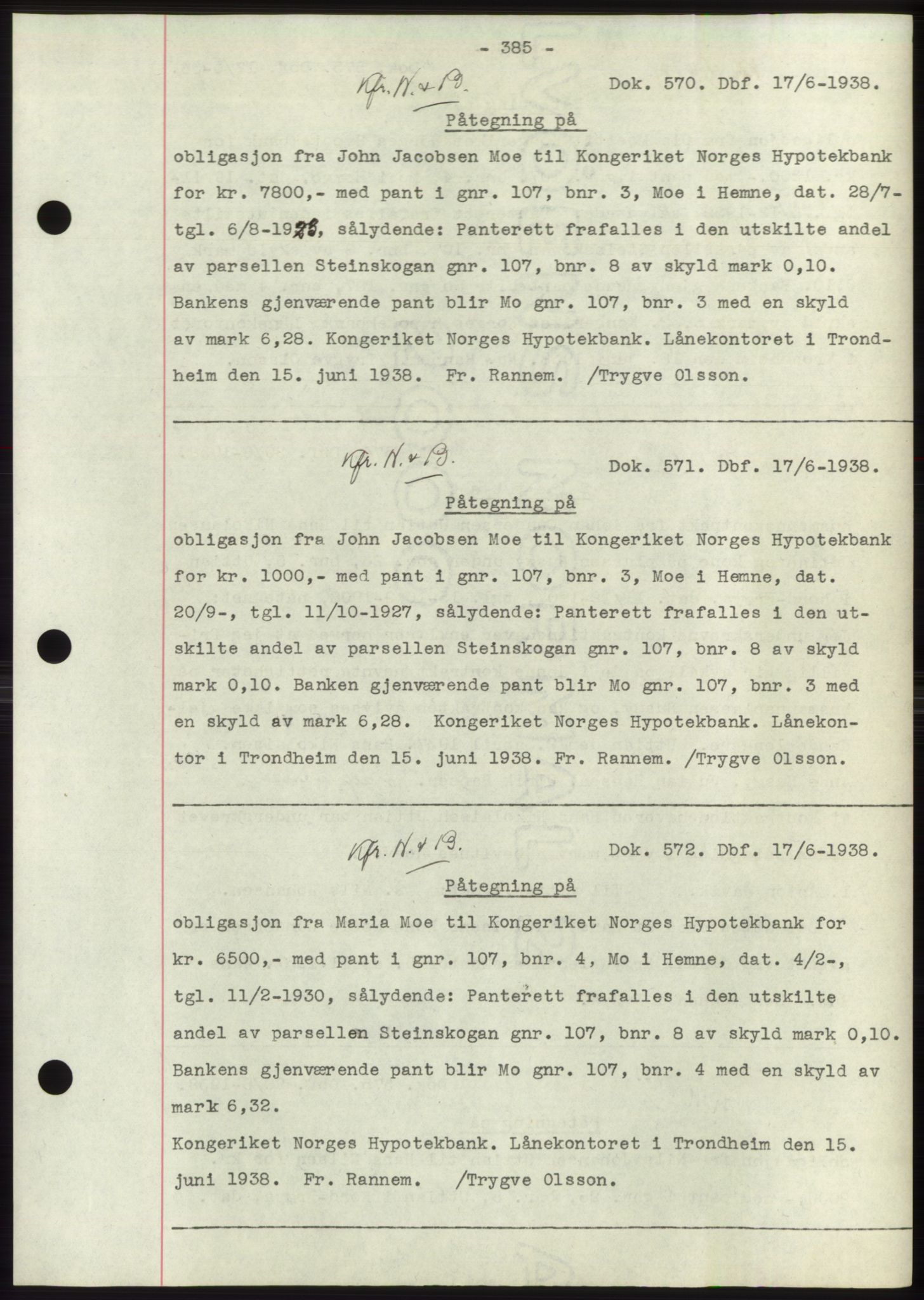 Hitra sorenskriveri, AV/SAT-A-0018/2/2C/2Ca: Mortgage book no. C1, 1936-1945, Diary no: : 570/1938