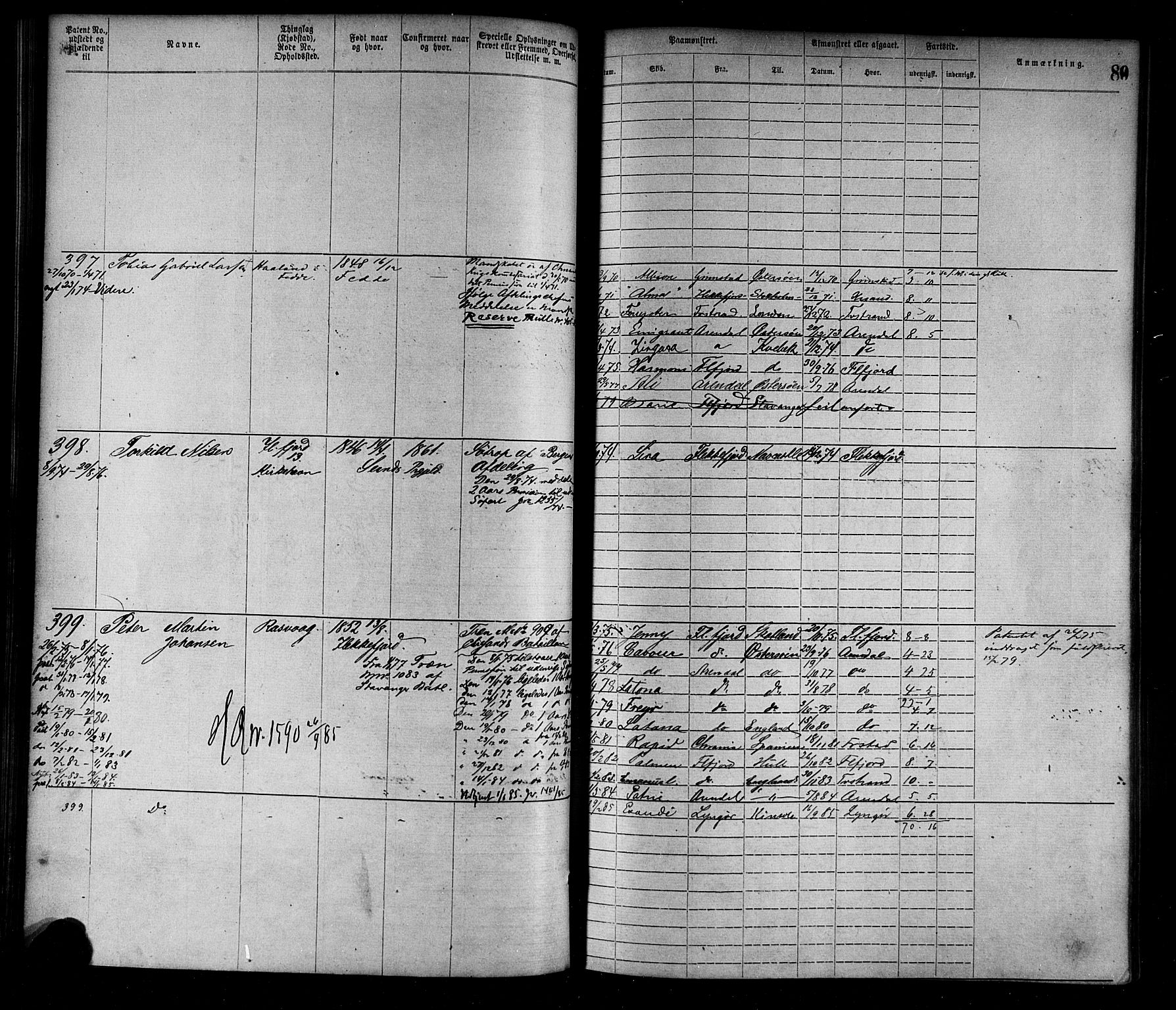 Flekkefjord mønstringskrets, SAK/2031-0018/F/Fa/L0002: Annotasjonsrulle nr 1-1920 med register, N-2, 1870-1891, p. 101