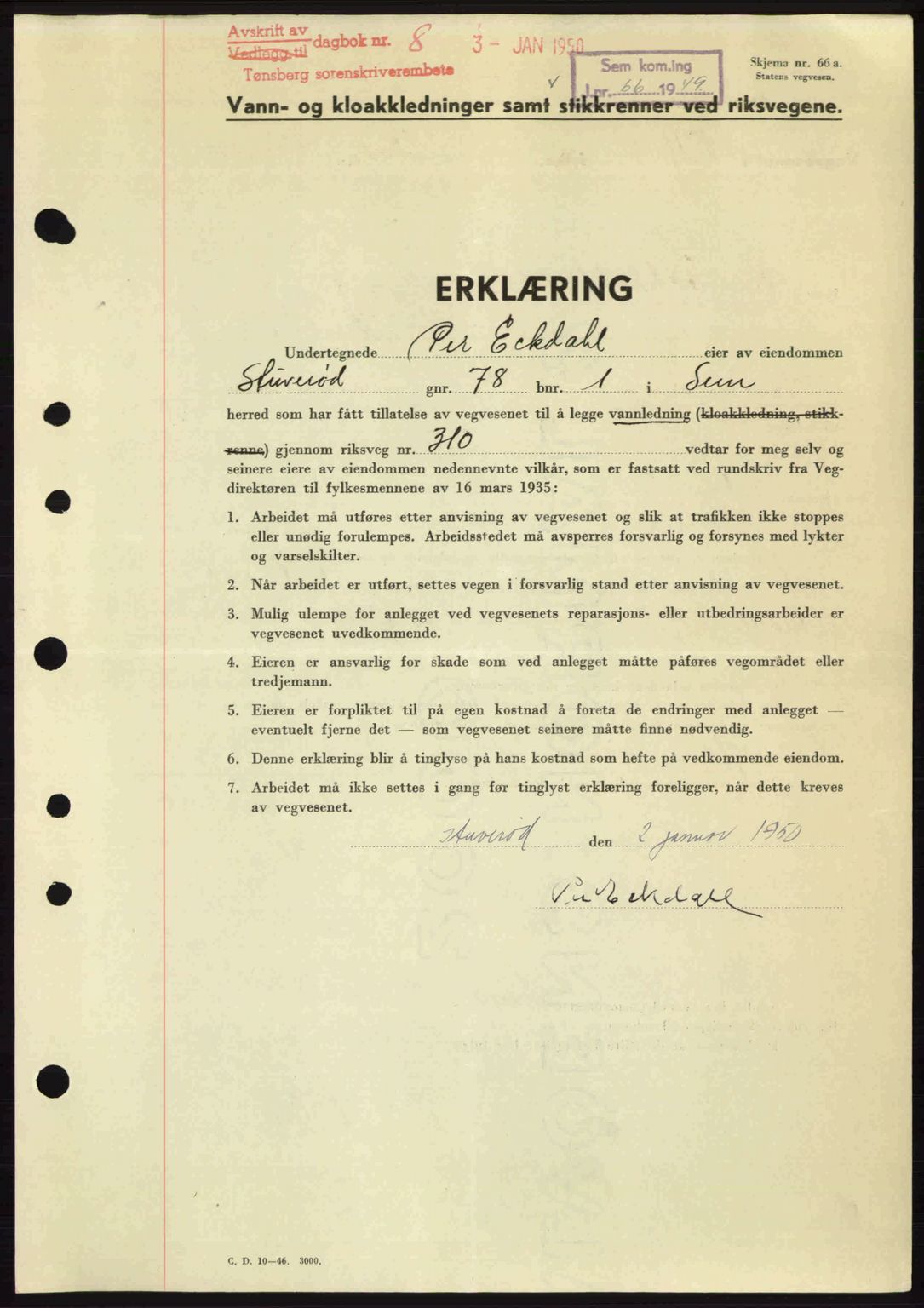 Jarlsberg sorenskriveri, AV/SAKO-A-131/G/Ga/Gaa/L0030: Mortgage book no. A-30, 1949-1950, Diary no: : 8/1950