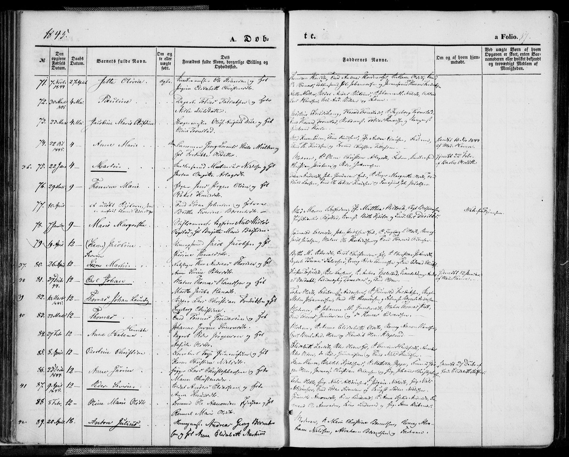 Kristiansand domprosti, AV/SAK-1112-0006/F/Fa/L0013: Parish register (official) no. A 13, 1842-1851, p. 57
