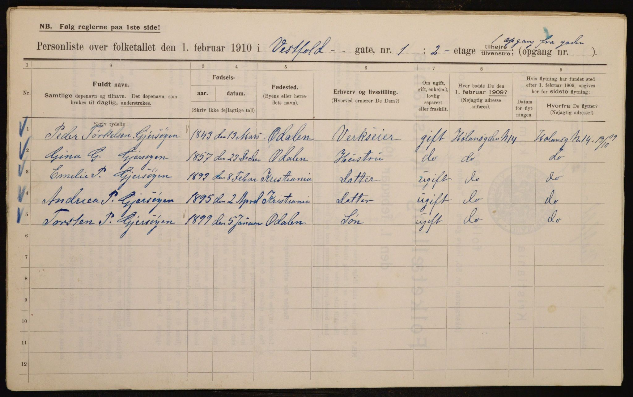 OBA, Municipal Census 1910 for Kristiania, 1910, p. 116005