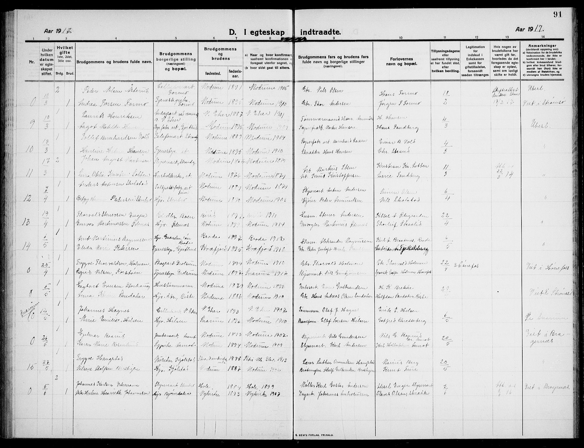 Modum kirkebøker, AV/SAKO-A-234/G/Ga/L0010: Parish register (copy) no. I 10, 1909-1923, p. 91