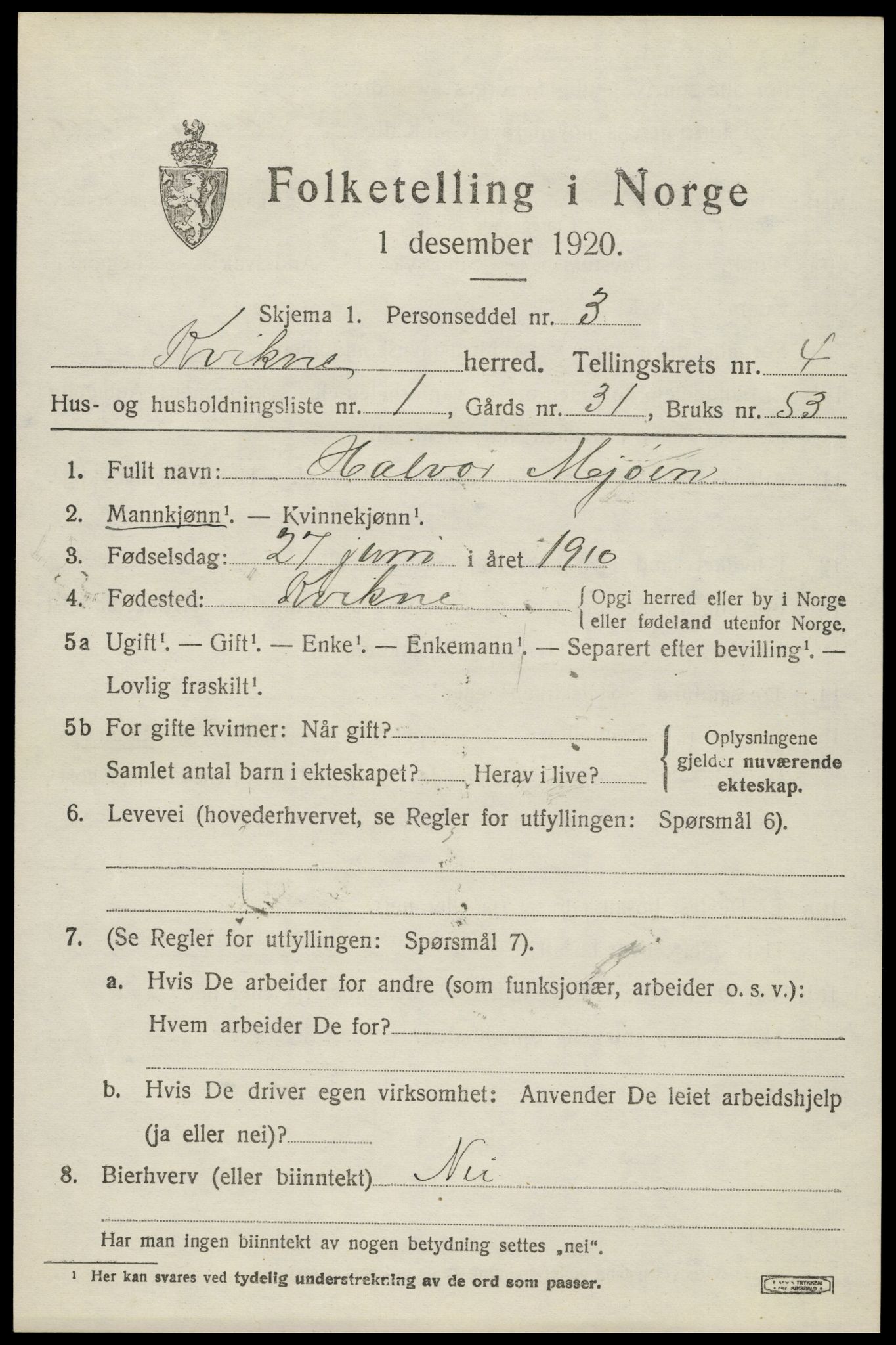 SAH, 1920 census for Kvikne, 1920, p. 1632