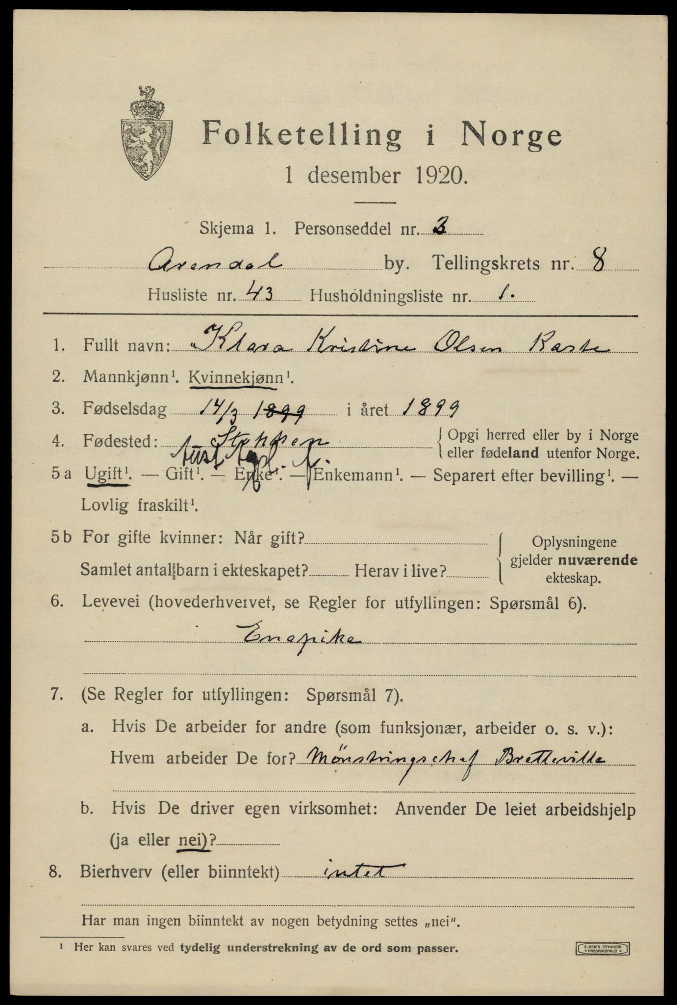 SAK, 1920 census for Arendal, 1920, p. 16042