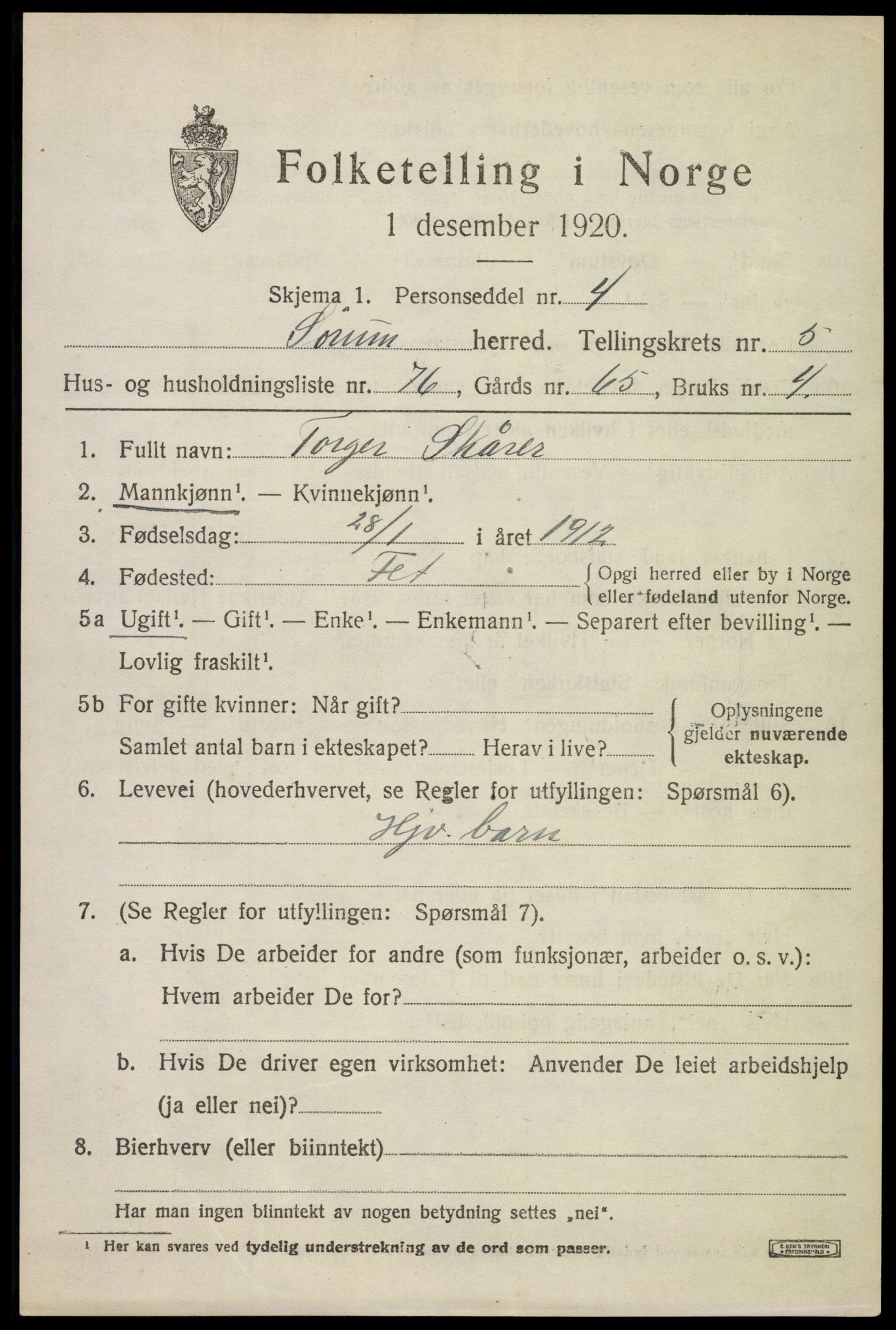 SAO, 1920 census for Sørum, 1920, p. 5439