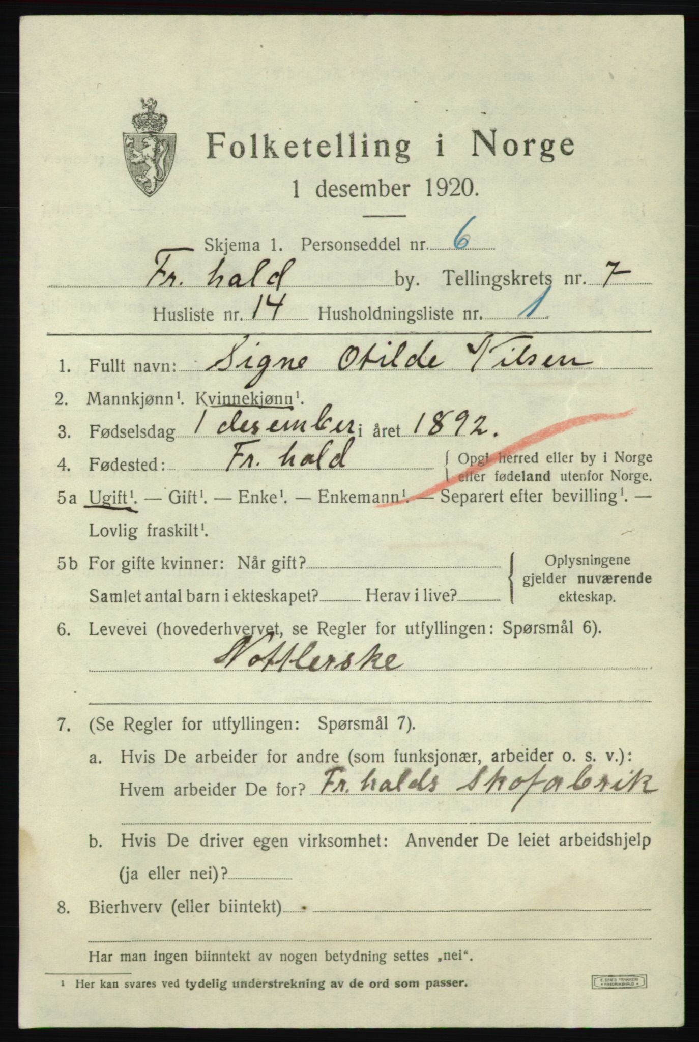 SAO, 1920 census for Fredrikshald, 1920, p. 14158