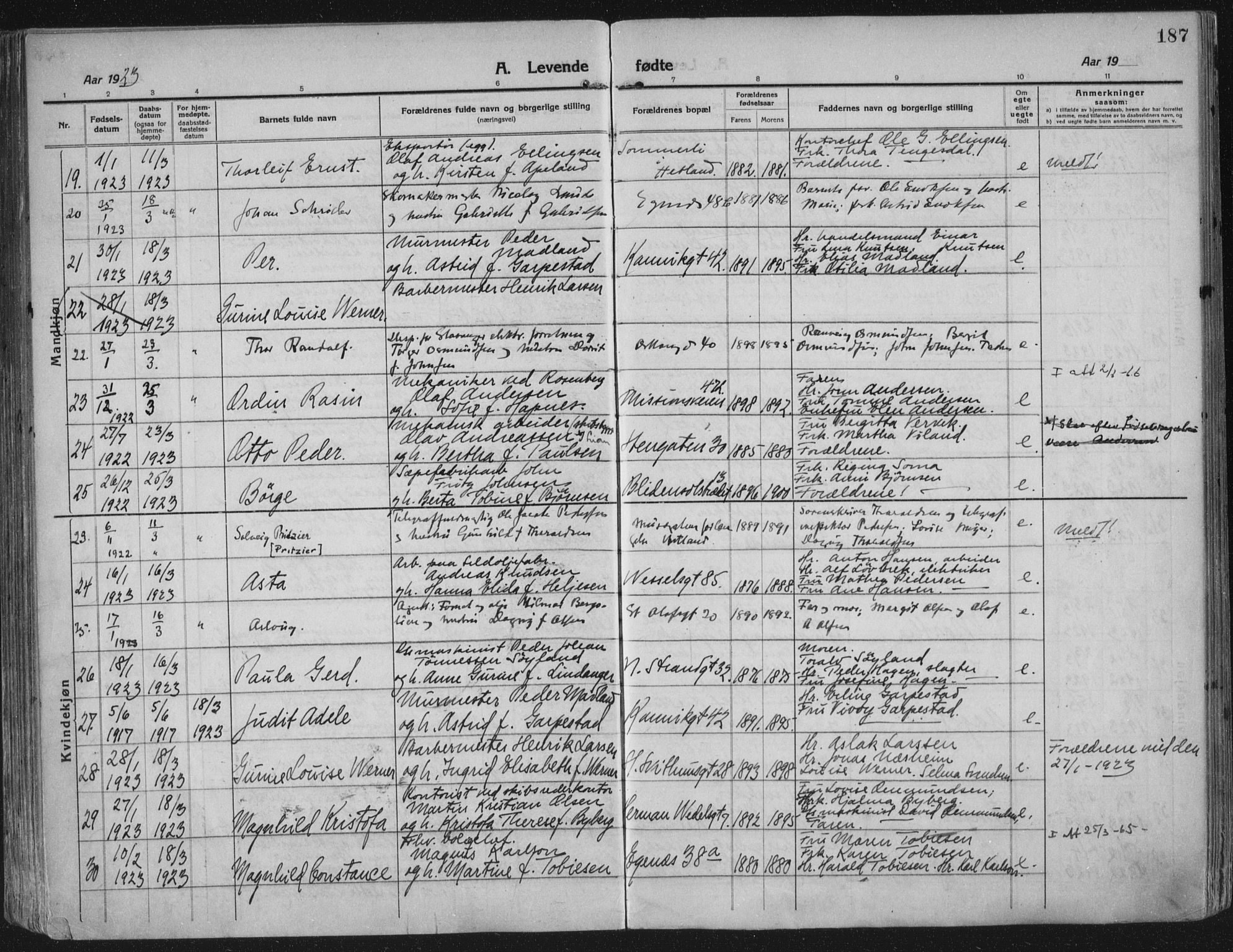 Domkirken sokneprestkontor, SAST/A-101812/002/A/L0018: Parish register (official) no. A 34, 1915-1929, p. 187