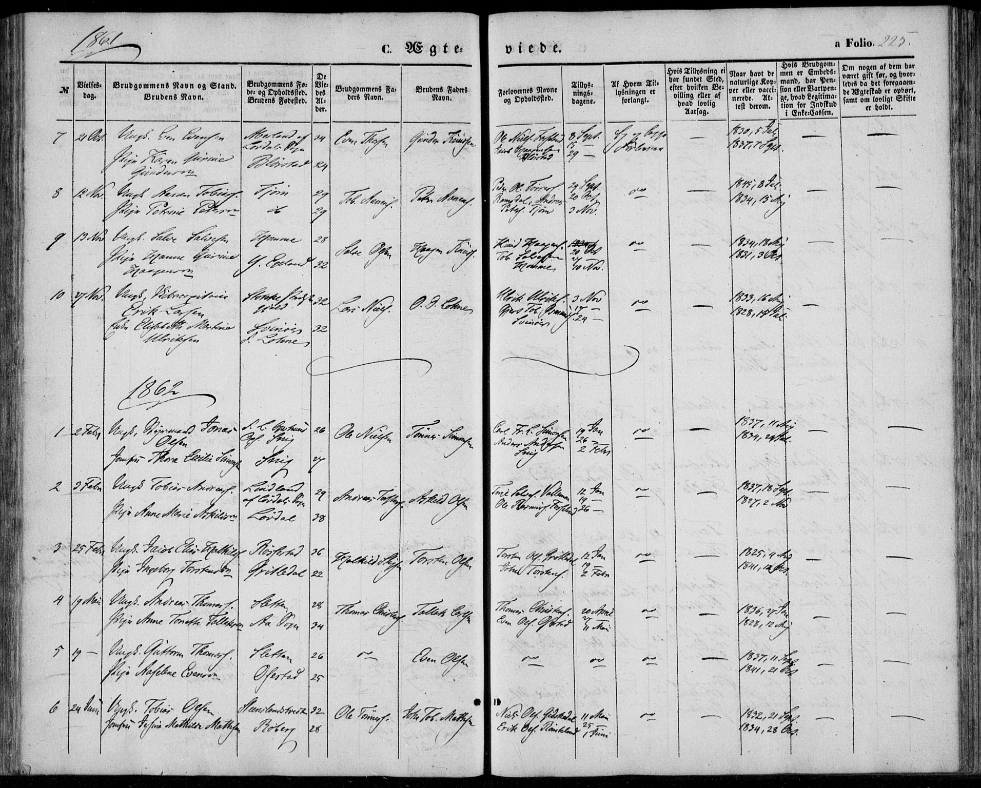 Sør-Audnedal sokneprestkontor, AV/SAK-1111-0039/F/Fa/Fab/L0007: Parish register (official) no. A 7, 1855-1876, p. 225