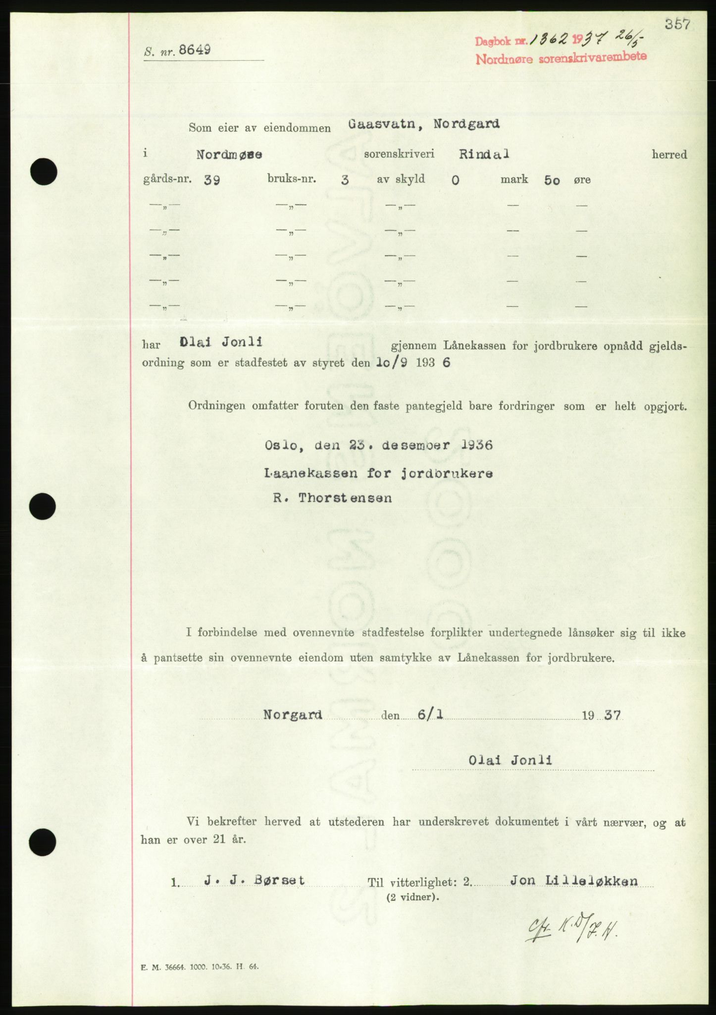 Nordmøre sorenskriveri, AV/SAT-A-4132/1/2/2Ca/L0091: Mortgage book no. B81, 1937-1937, Diary no: : 1362/1937