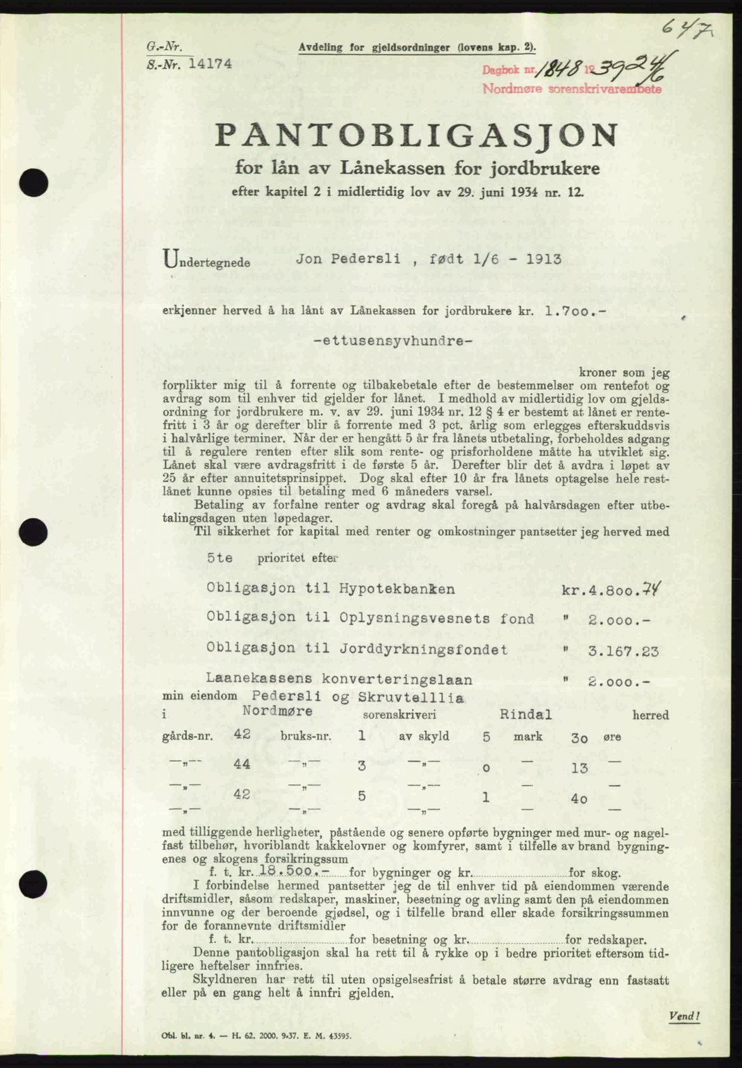 Nordmøre sorenskriveri, AV/SAT-A-4132/1/2/2Ca: Mortgage book no. B85, 1939-1939, Diary no: : 1848/1939