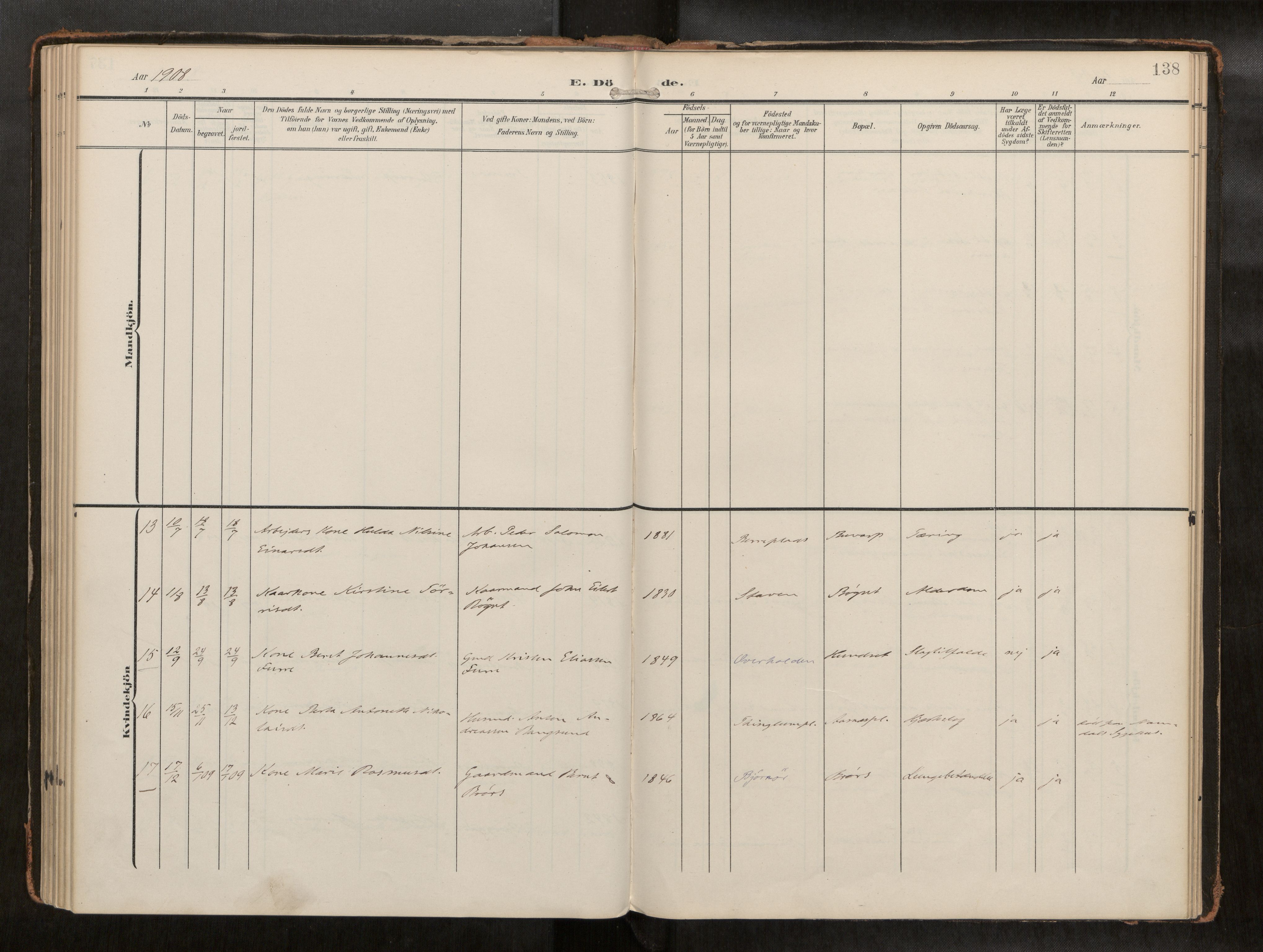 Ministerialprotokoller, klokkerbøker og fødselsregistre - Nord-Trøndelag, AV/SAT-A-1458/742/L0409a: Parish register (official) no. 742A03, 1906-1924, p. 138