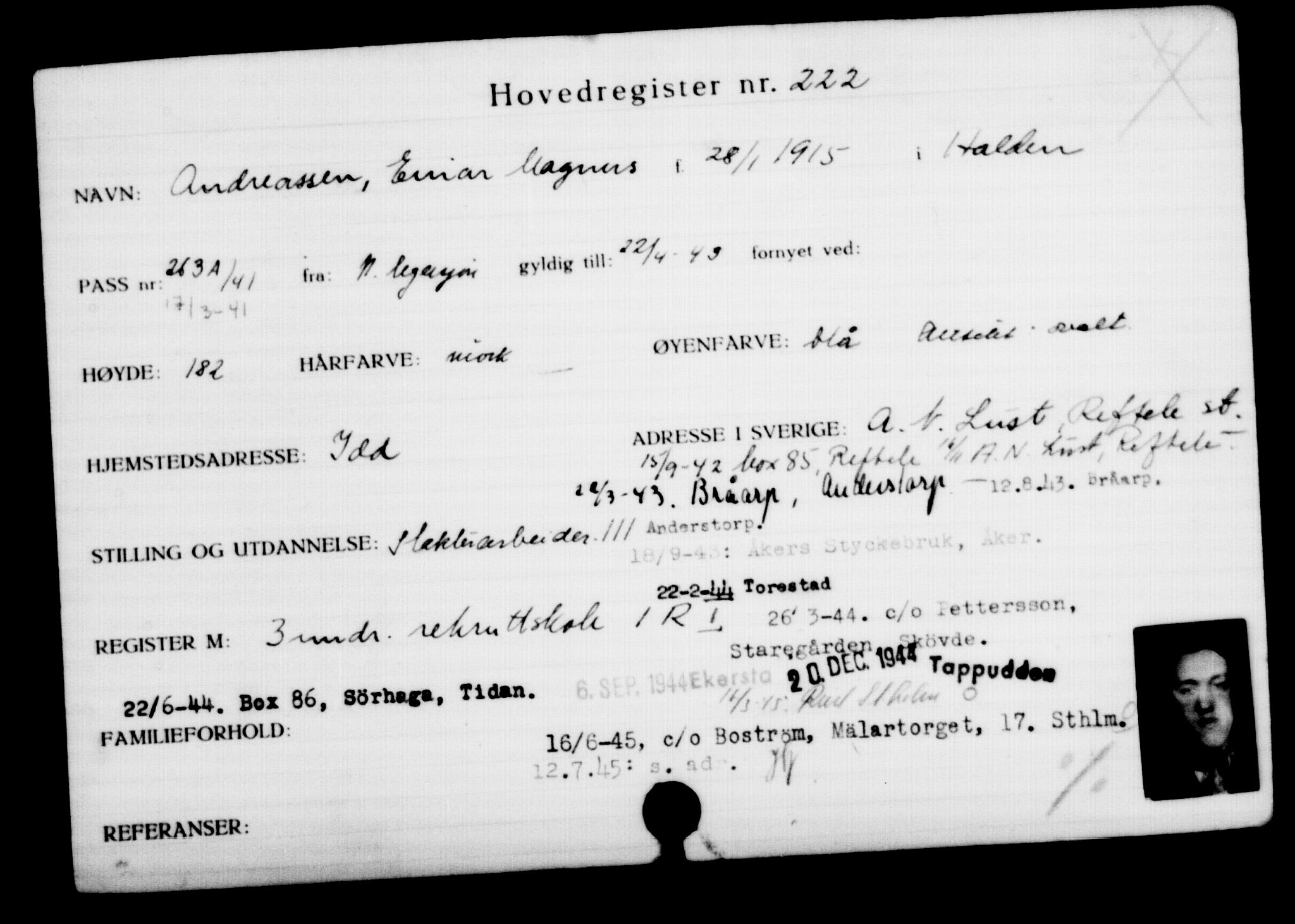 Utenriksstasjonene, Legasjonen i Stockholm, Flyktningkontoret, AV/RA-S-6753/V/Va/L0001: Kjesäterkartoteket, flyktninger med registreringsnr. 1-1000, 1940-1945, p. 359