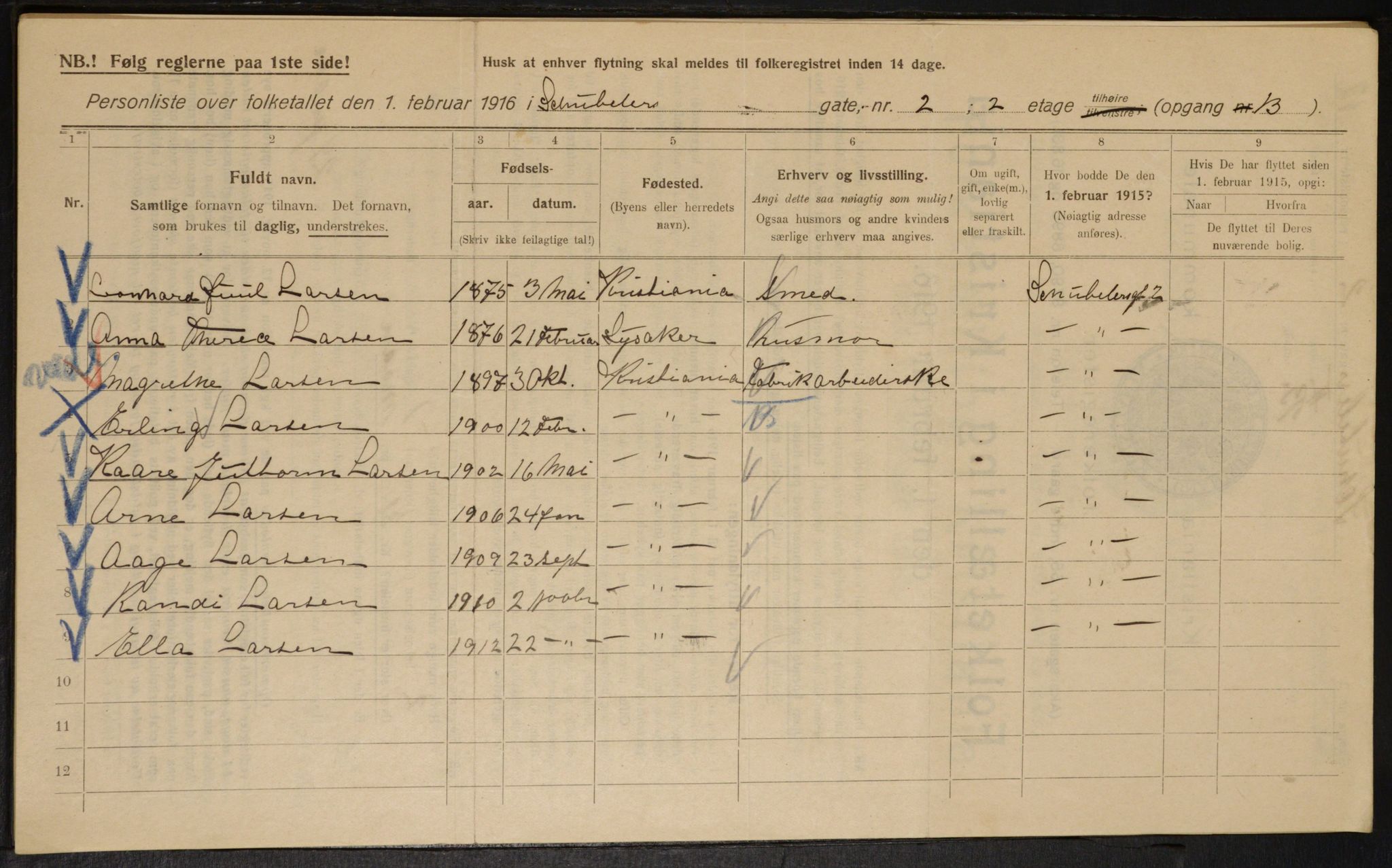 OBA, Municipal Census 1916 for Kristiania, 1916, p. 95129