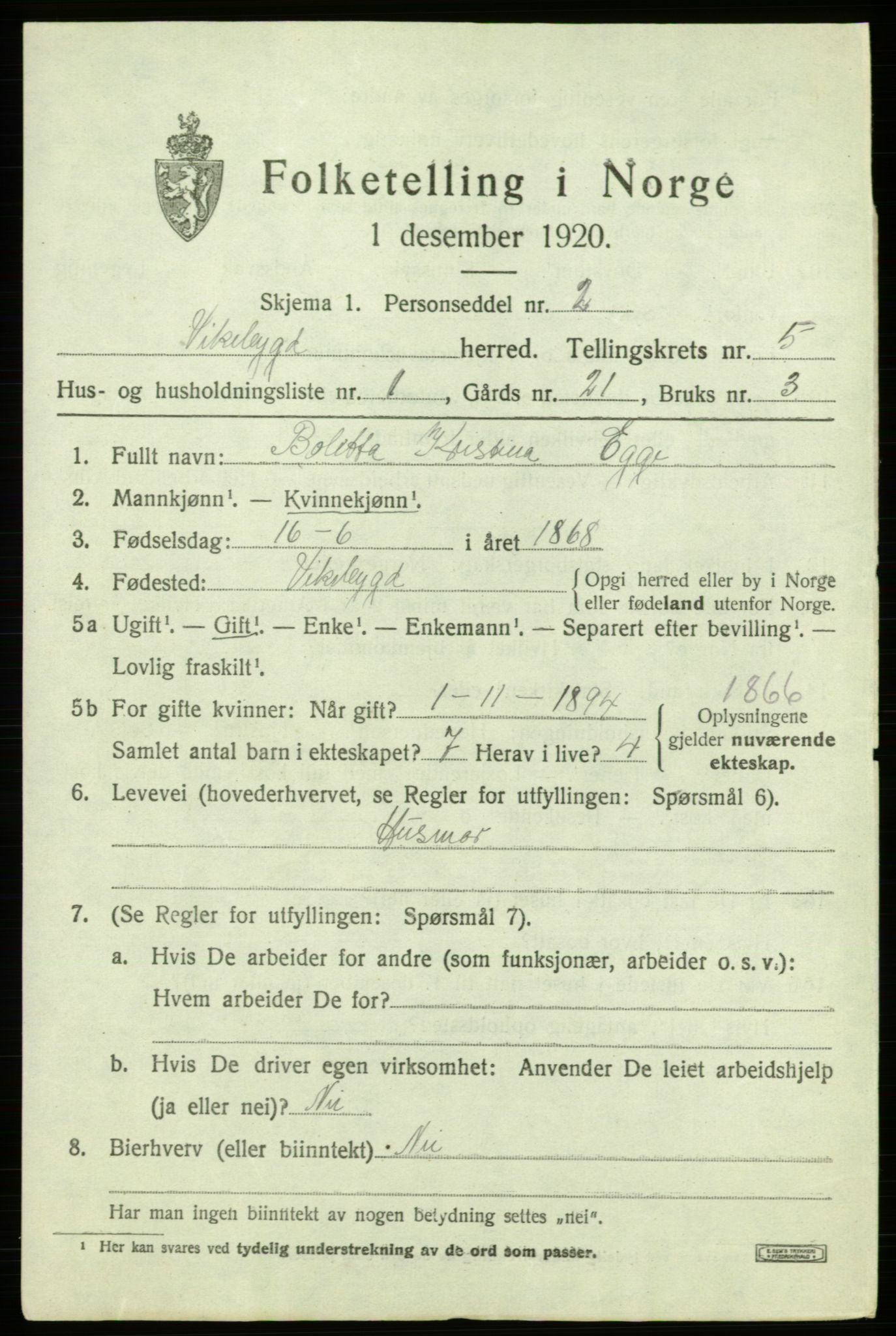 SAB, 1920 census for Vikebygd, 1920, p. 1691