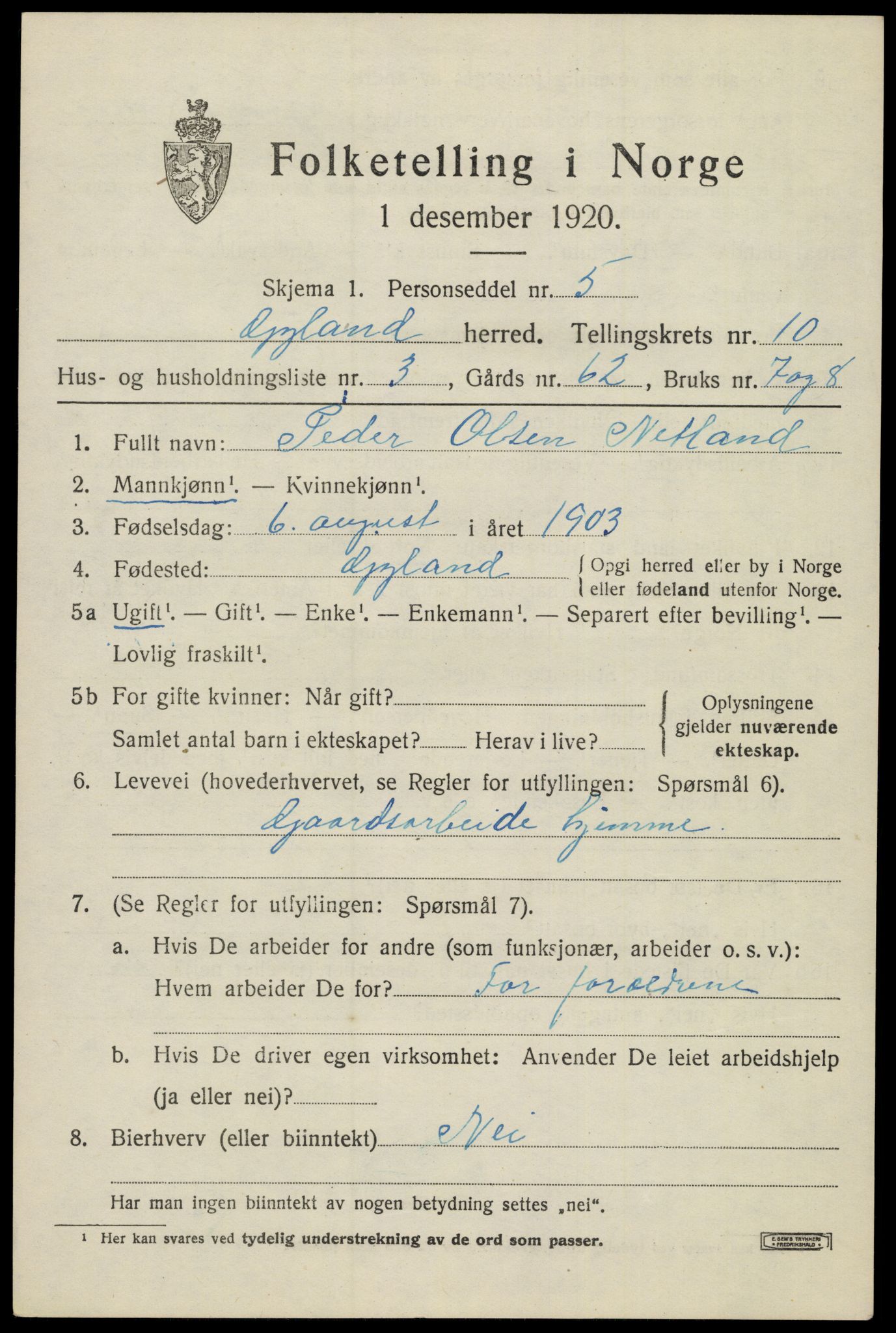 SAK, 1920 census for Gyland, 1920, p. 2202