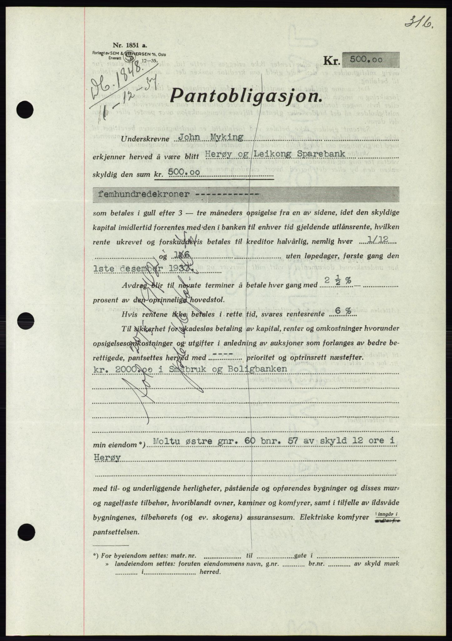 Søre Sunnmøre sorenskriveri, AV/SAT-A-4122/1/2/2C/L0064: Mortgage book no. 58, 1937-1938, Diary no: : 1848/1937