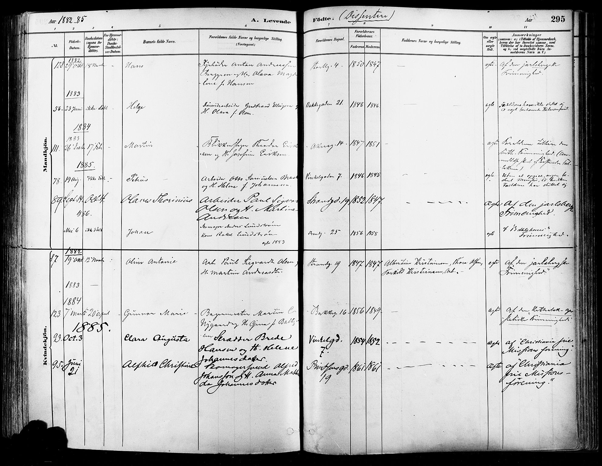 Johannes prestekontor Kirkebøker, SAO/A-10852/F/Fa/L0003: Parish register (official) no. 3, 1882-1896, p. 295