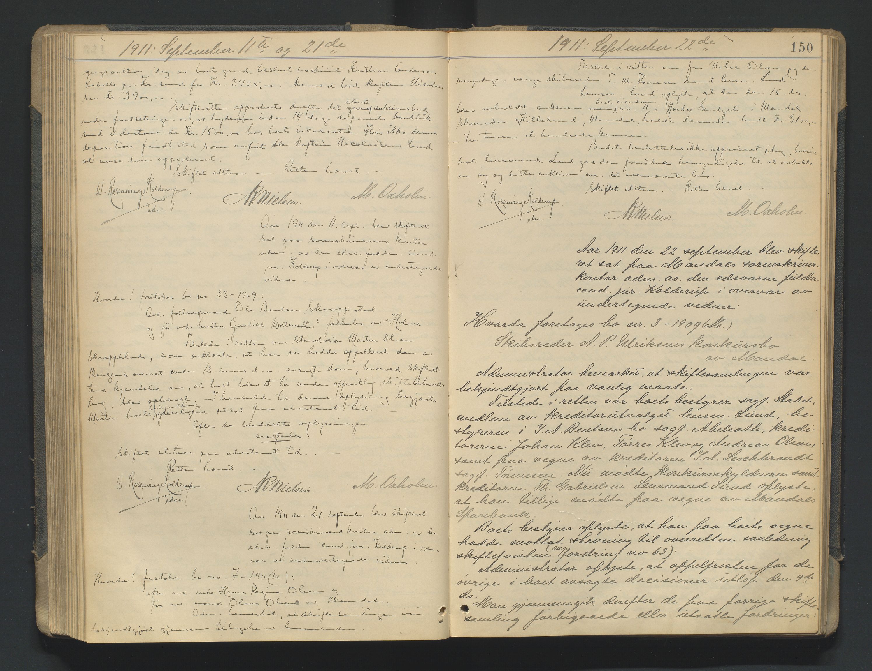 Mandal sorenskriveri, AV/SAK-1221-0005/001/H/Hc/L0081: Skifteforhandlingsprotokoll nr 13, 1909-1913, p. 150