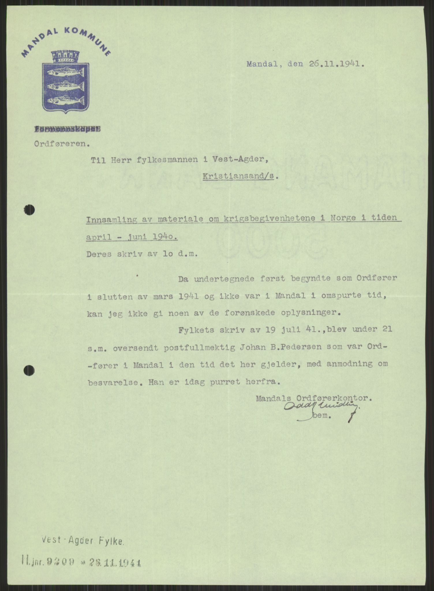 Forsvaret, Forsvarets krigshistoriske avdeling, AV/RA-RAFA-2017/Y/Ya/L0014: II-C-11-31 - Fylkesmenn.  Rapporter om krigsbegivenhetene 1940., 1940, p. 877