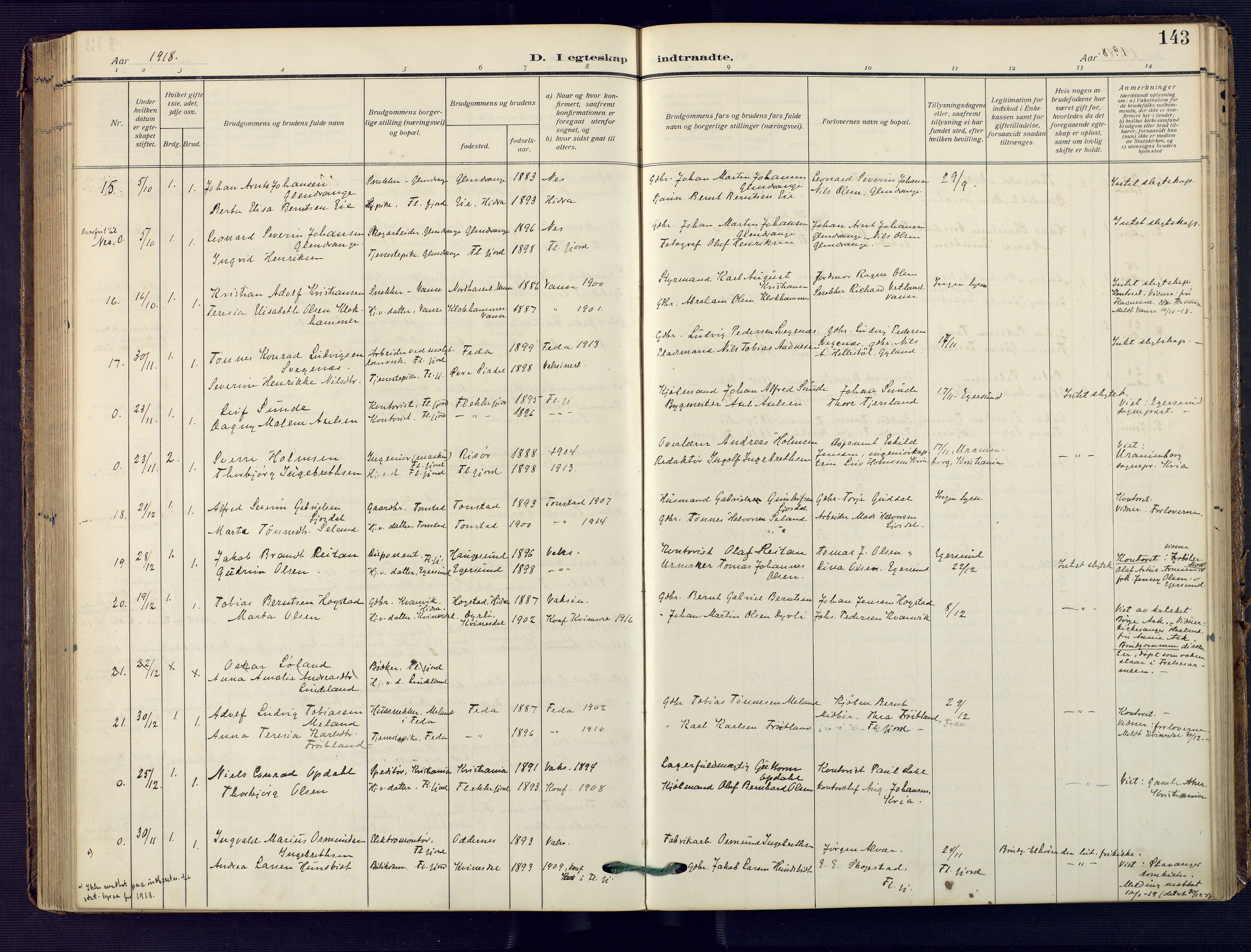 Flekkefjord sokneprestkontor, AV/SAK-1111-0012/F/Fa/Faa/L0003: Parish register (official) no. A 3, 1913-1928, p. 143