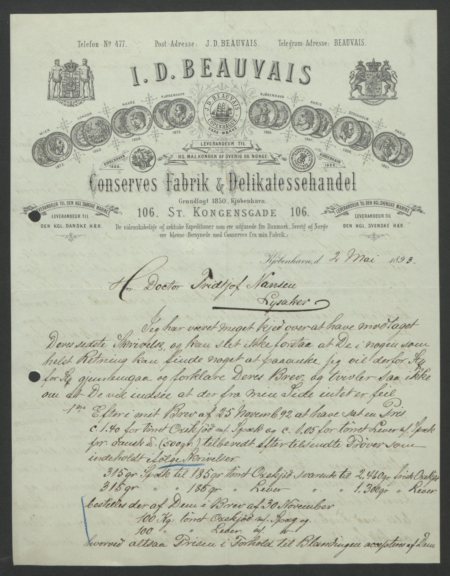 Arbeidskomitéen for Fridtjof Nansens polarekspedisjon, AV/RA-PA-0061/D/L0004: Innk. brev og telegrammer vedr. proviant og utrustning, 1892-1893, p. 608