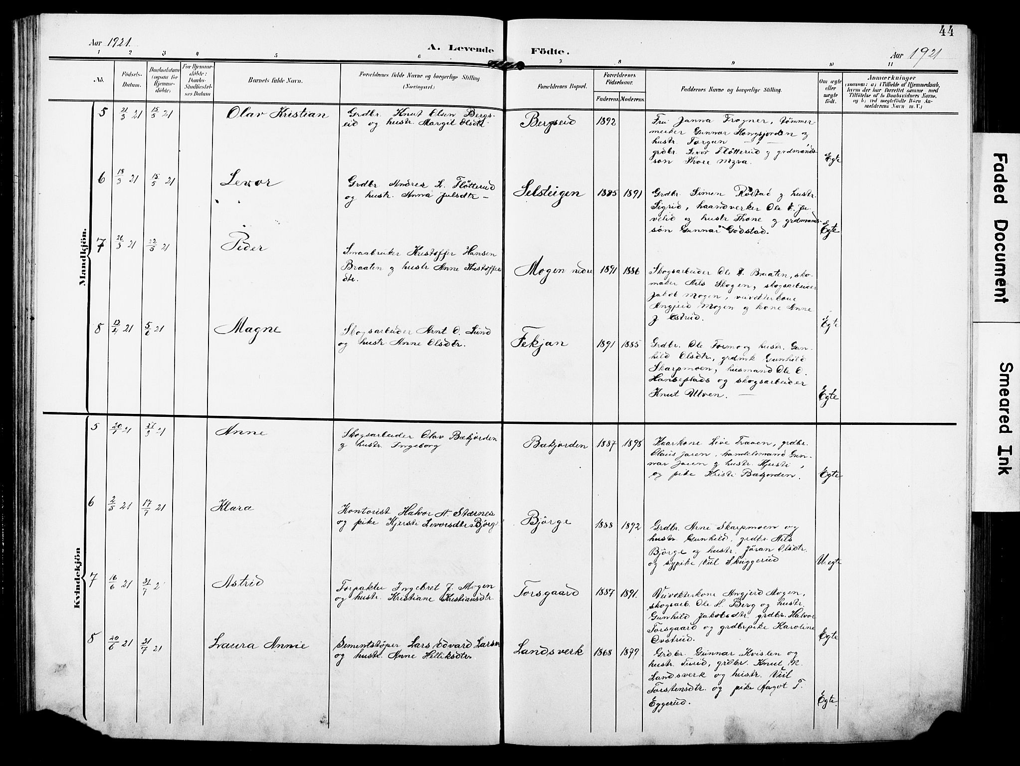 Rollag kirkebøker, AV/SAKO-A-240/G/Ga/L0005: Parish register (copy) no. I 5, 1904-1932, p. 44