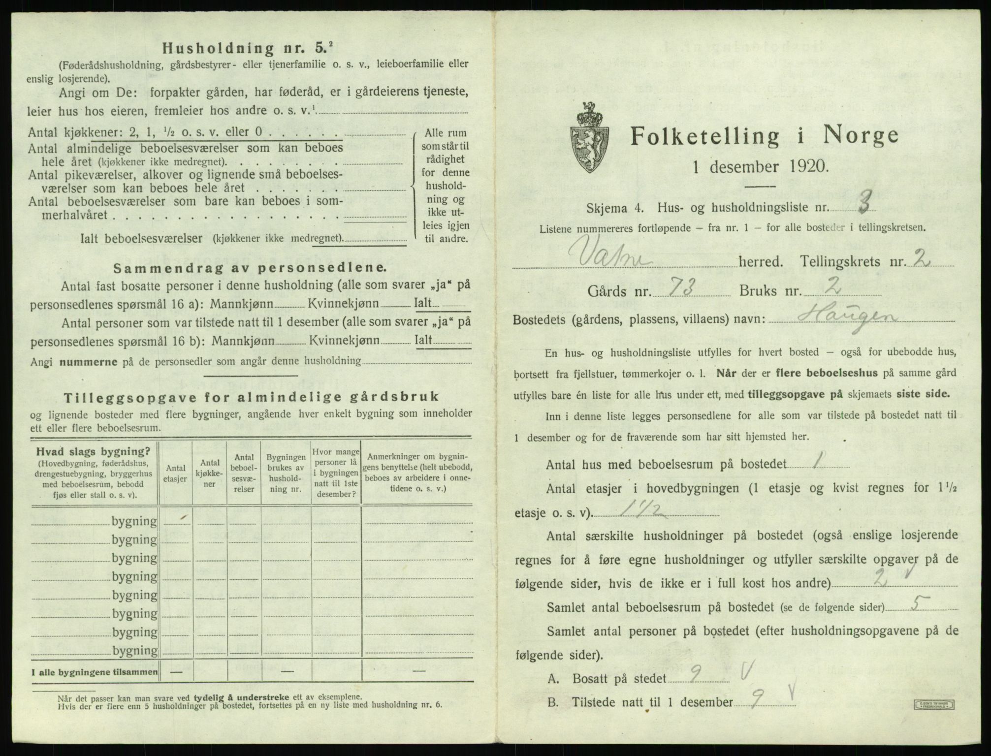 SAT, 1920 census for Vatne, 1920, p. 120