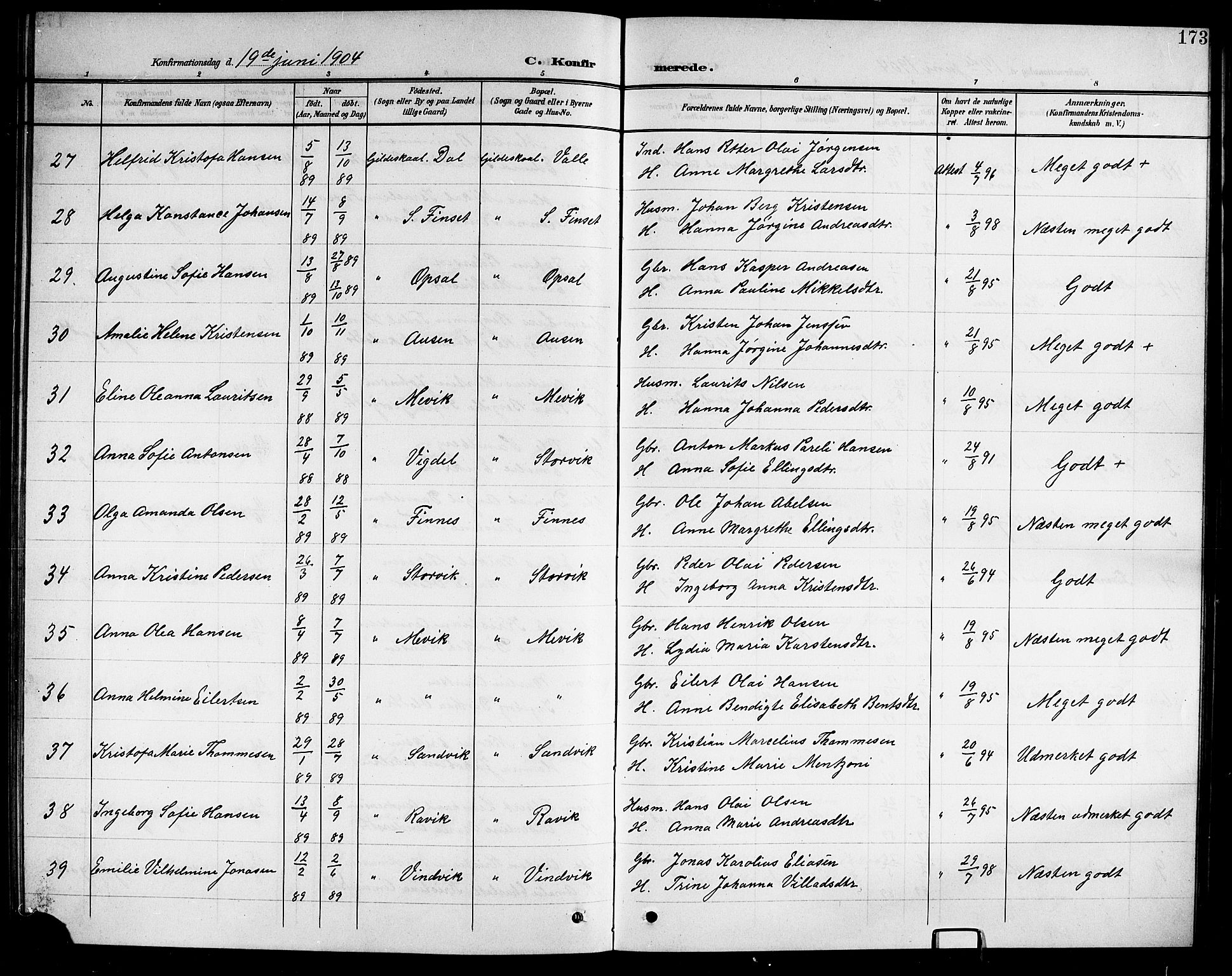 Ministerialprotokoller, klokkerbøker og fødselsregistre - Nordland, SAT/A-1459/805/L0109: Parish register (copy) no. 805C05, 1900-1911, p. 173