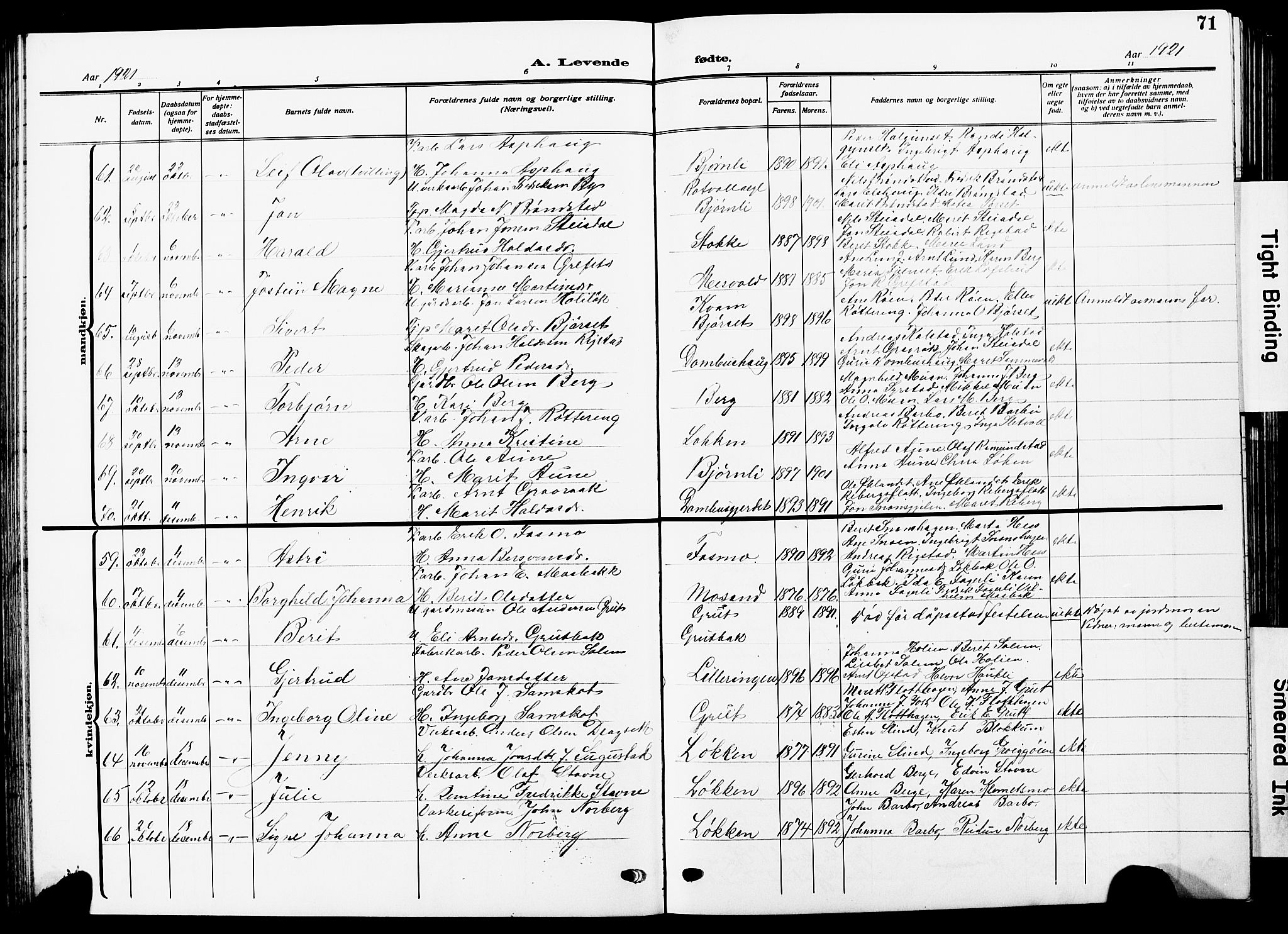 Ministerialprotokoller, klokkerbøker og fødselsregistre - Sør-Trøndelag, SAT/A-1456/672/L0865: Parish register (copy) no. 672C04, 1914-1928, p. 71