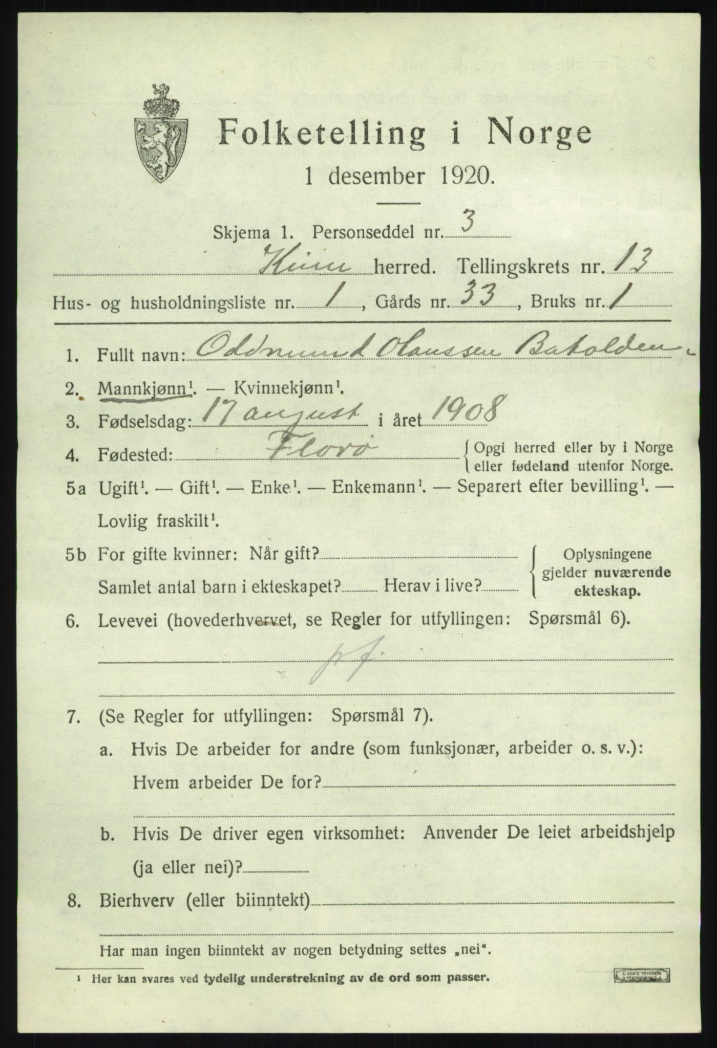 SAB, 1920 census for Kinn, 1920, p. 4677