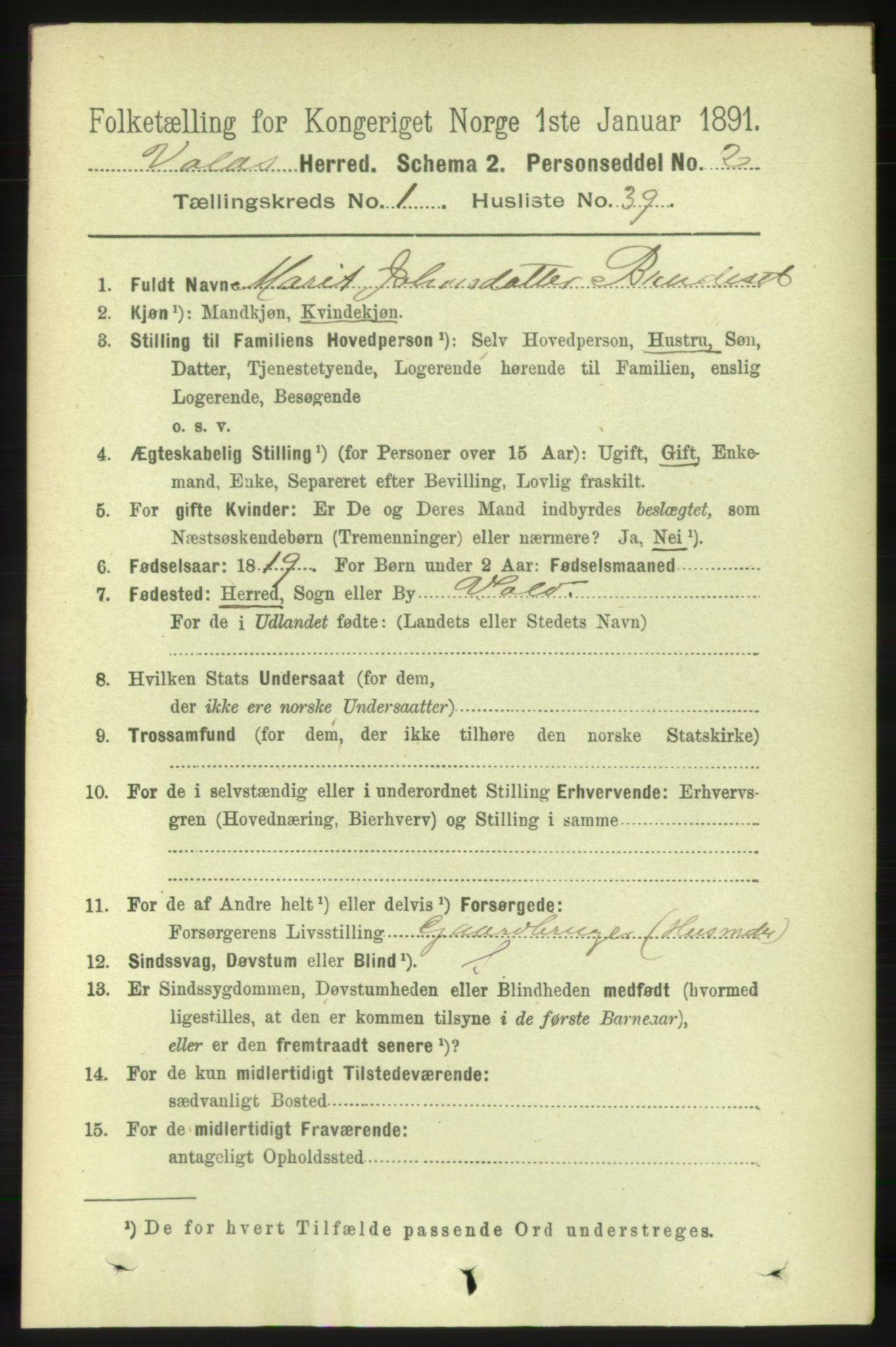 RA, 1891 census for 1537 Voll, 1891, p. 319