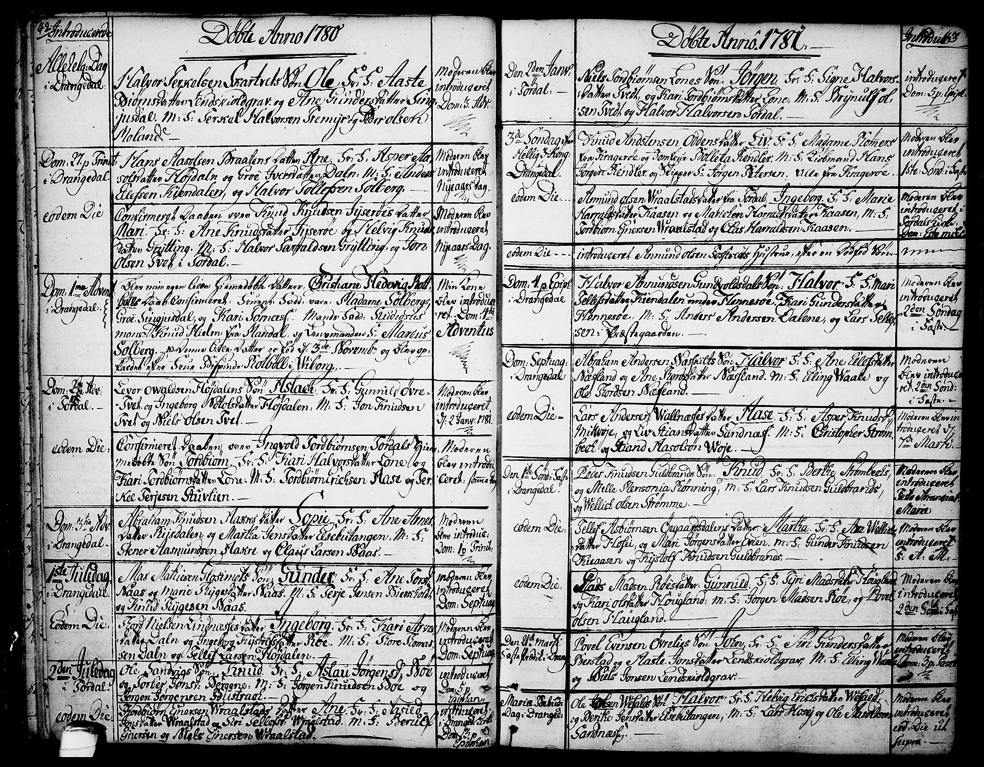 Drangedal kirkebøker, SAKO/A-258/F/Fa/L0003: Parish register (official) no. 3, 1768-1814, p. 42-43