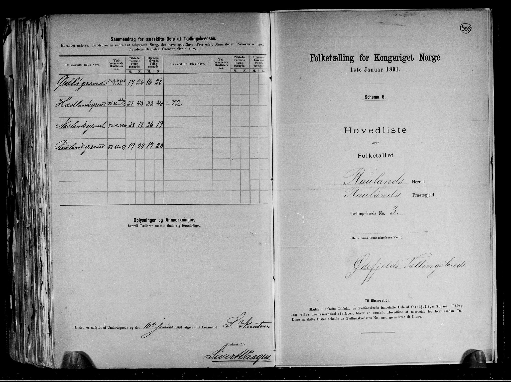 RA, 1891 census for 0835 Rauland, 1891, p. 9