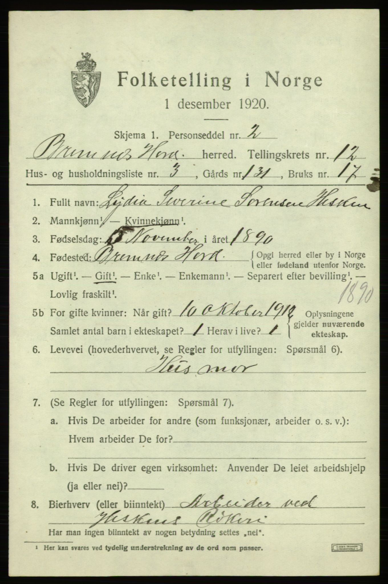 SAB, 1920 census for Bremnes, 1920, p. 7596