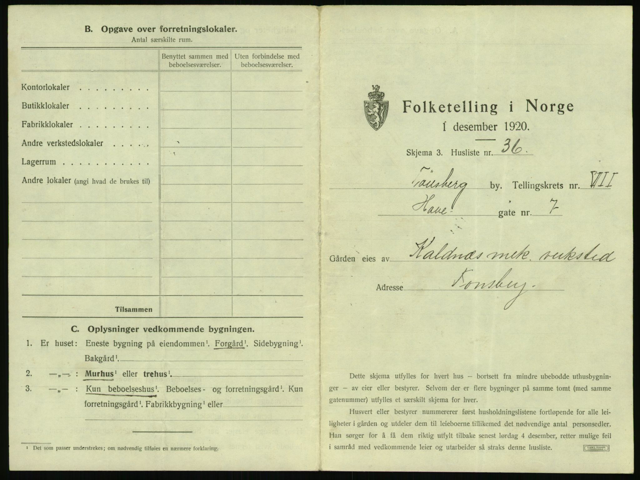 SAKO, 1920 census for Tønsberg, 1920, p. 807
