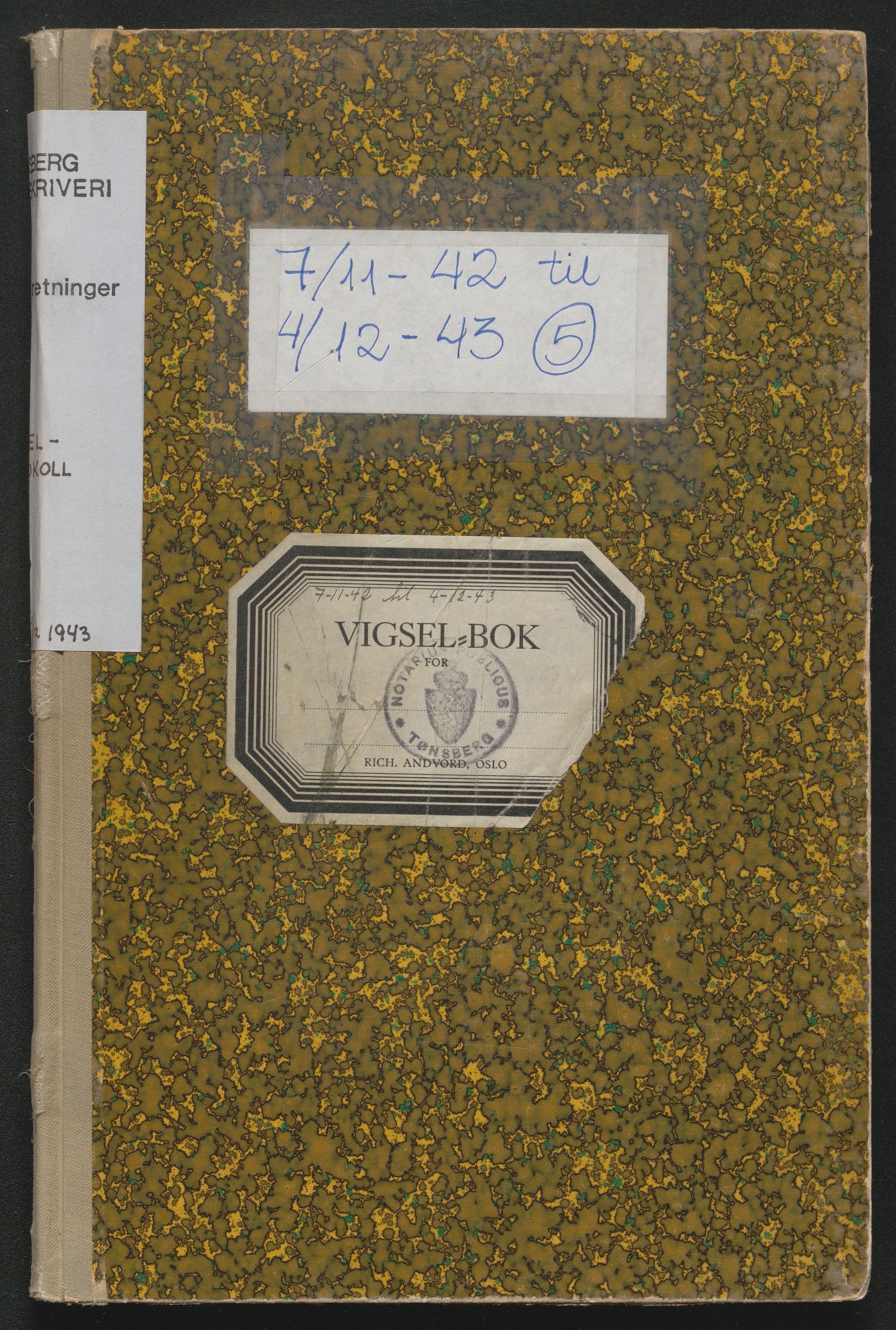 Tønsberg sorenskriveri, SAKO/A-130/L/Lb/L0002: Vigselprotokoll, 1942-1943