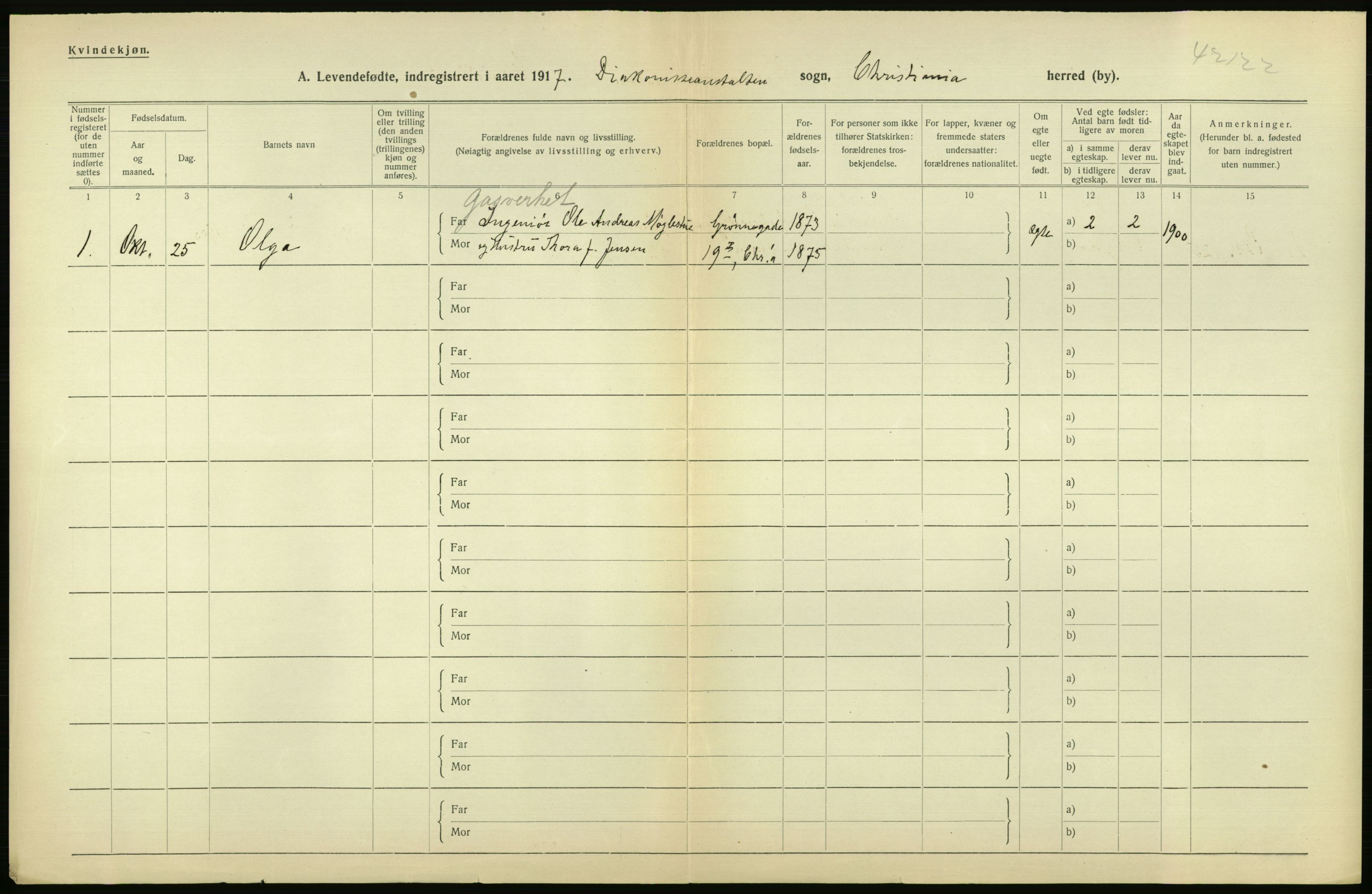 Statistisk sentralbyrå, Sosiodemografiske emner, Befolkning, AV/RA-S-2228/D/Df/Dfb/Dfbg/L0006: Kristiania: Levendefødte menn og kvinner., 1917, p. 64