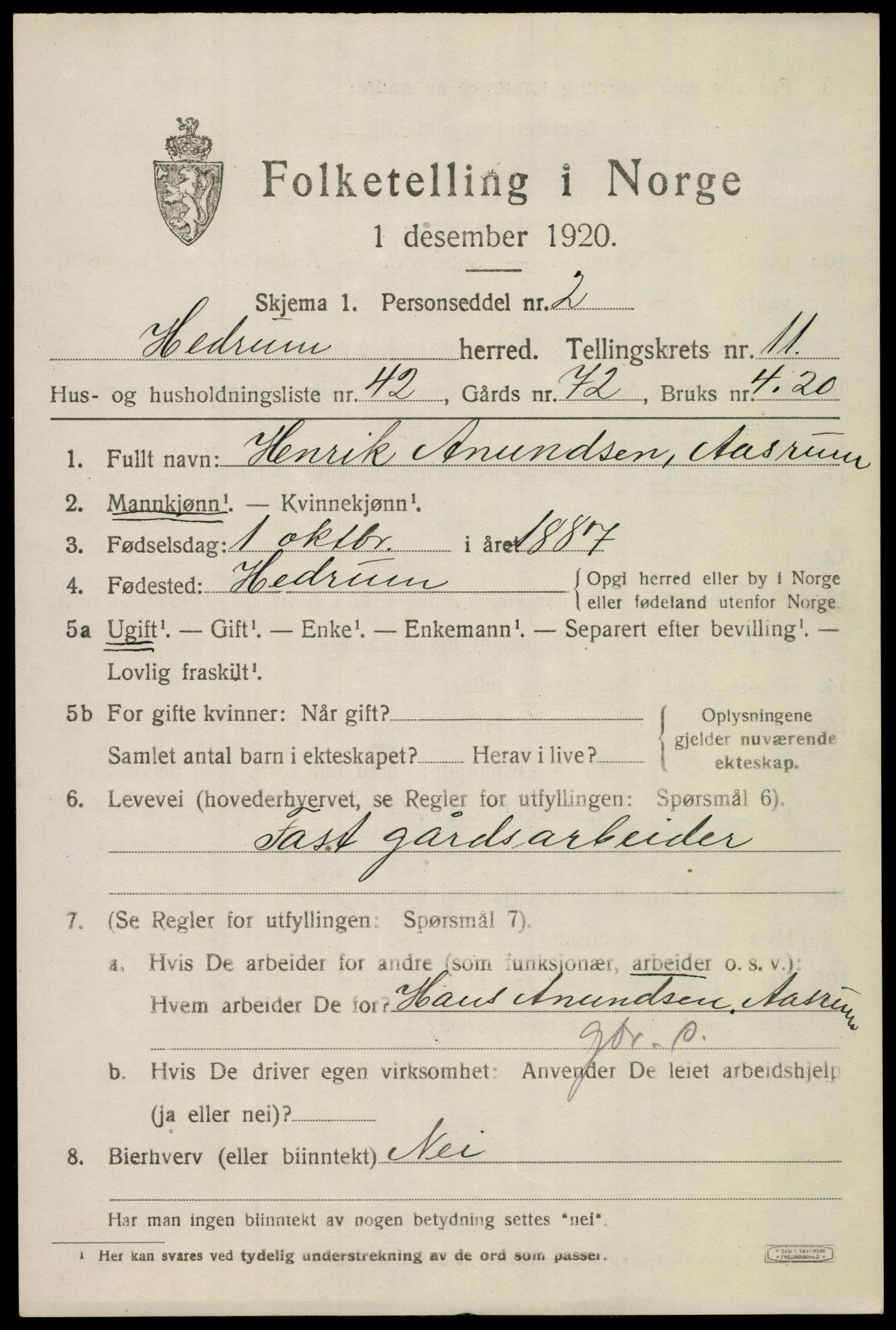 SAKO, 1920 census for Hedrum, 1920, p. 8013