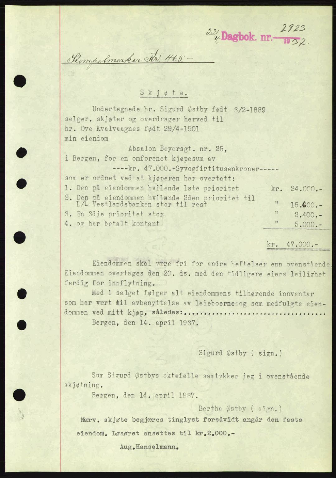 Byfogd og Byskriver i Bergen, SAB/A-3401/03/03Bc/L0004: Mortgage book no. A3-4, 1936-1937, Diary no: : 2923/1937
